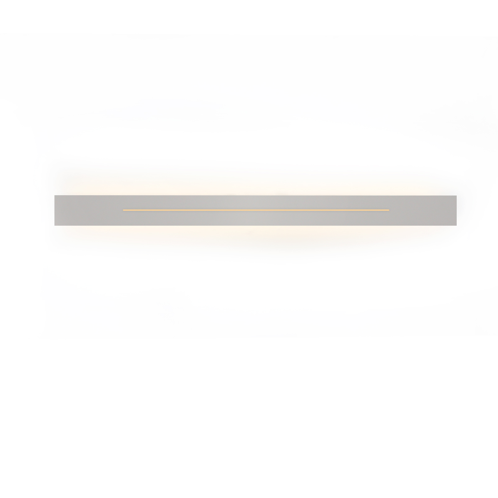 Apparecchio LED grigio con una sottile linea gialla. Sfondo bianco.