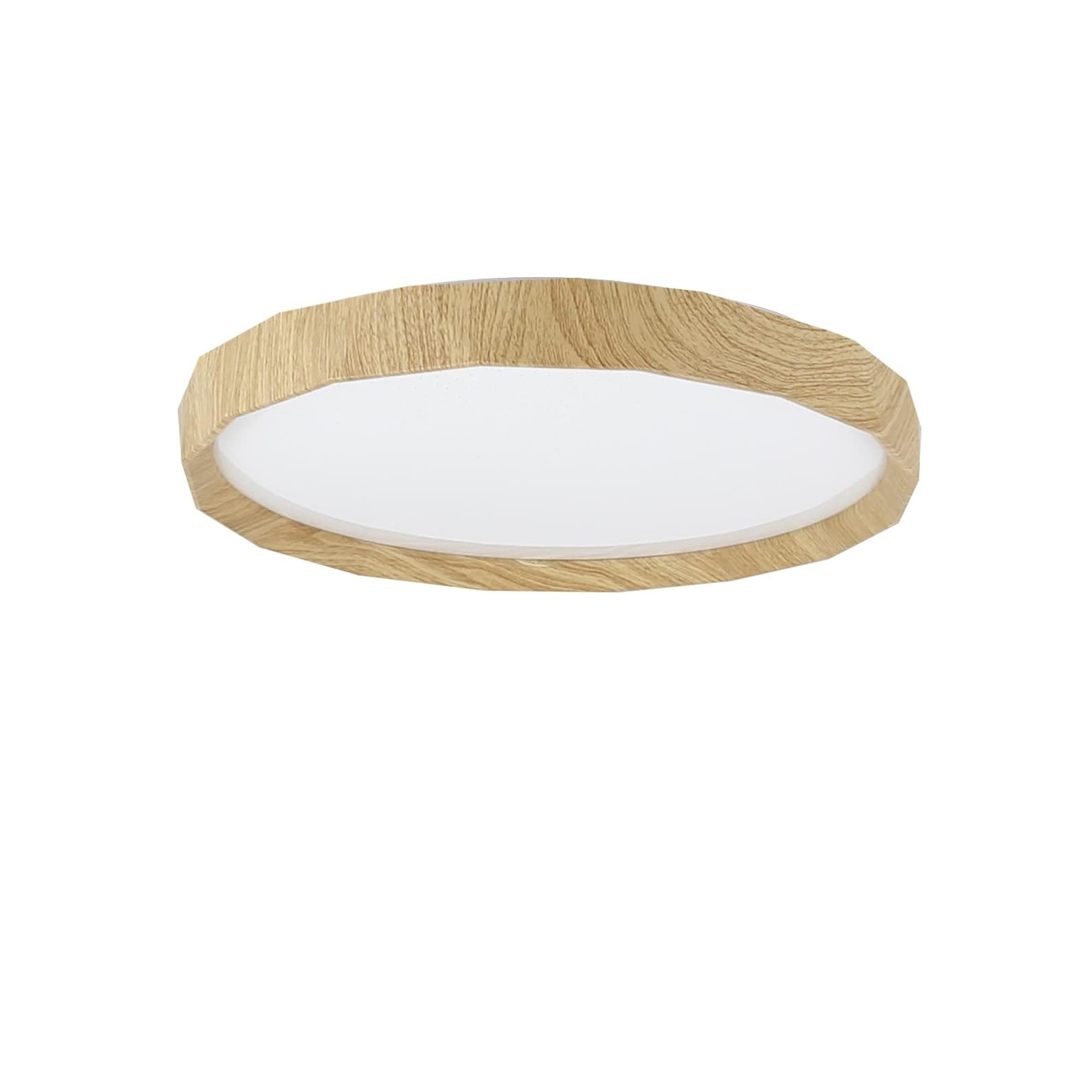 Una plafoniera circolare in legno con un'area centrale illuminata bianca.