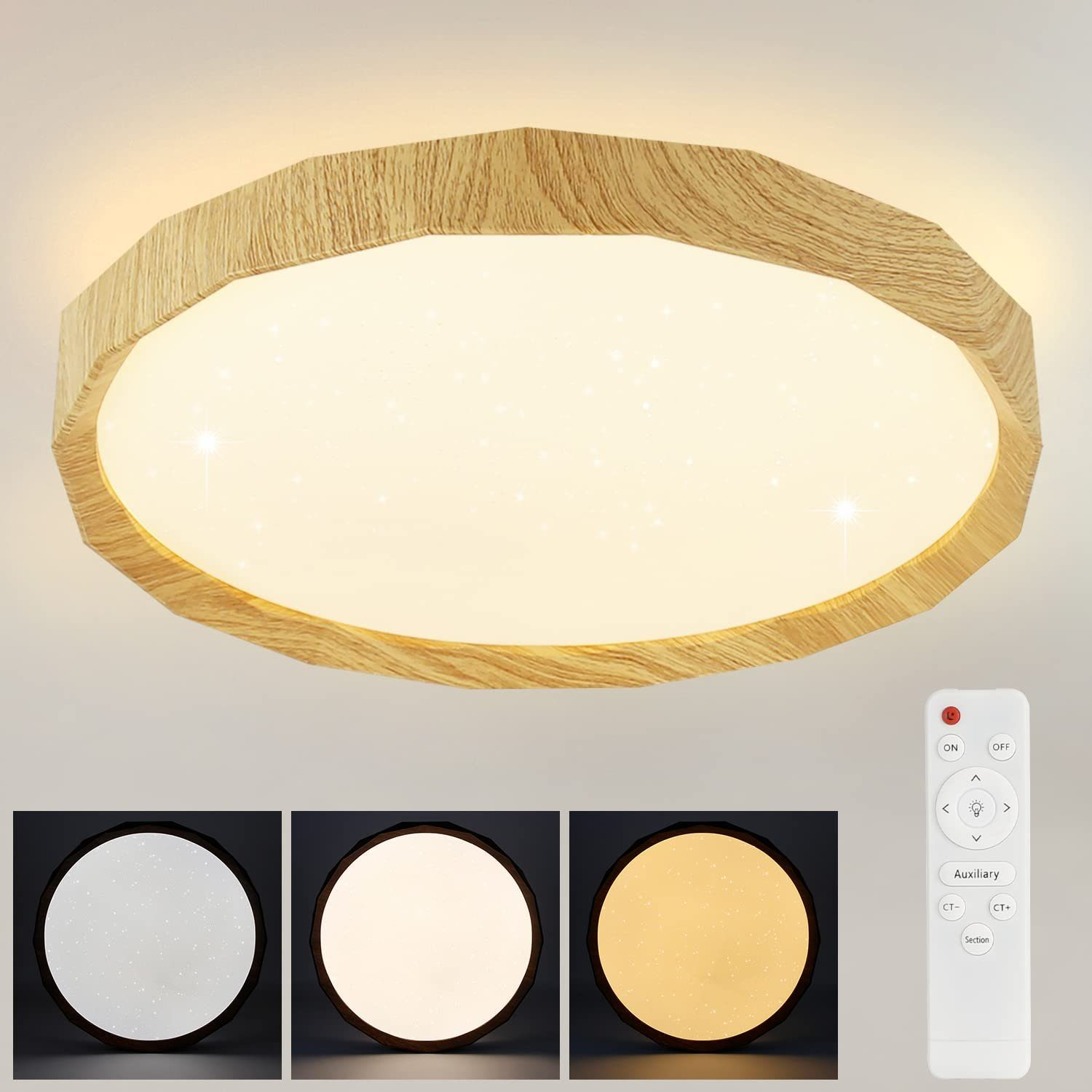 Un apparecchio di illuminazione a soffitto in legno con una luce interna bianca, mostrato in tre impostazioni: bianco sporco, bianco e bianco caldo.
