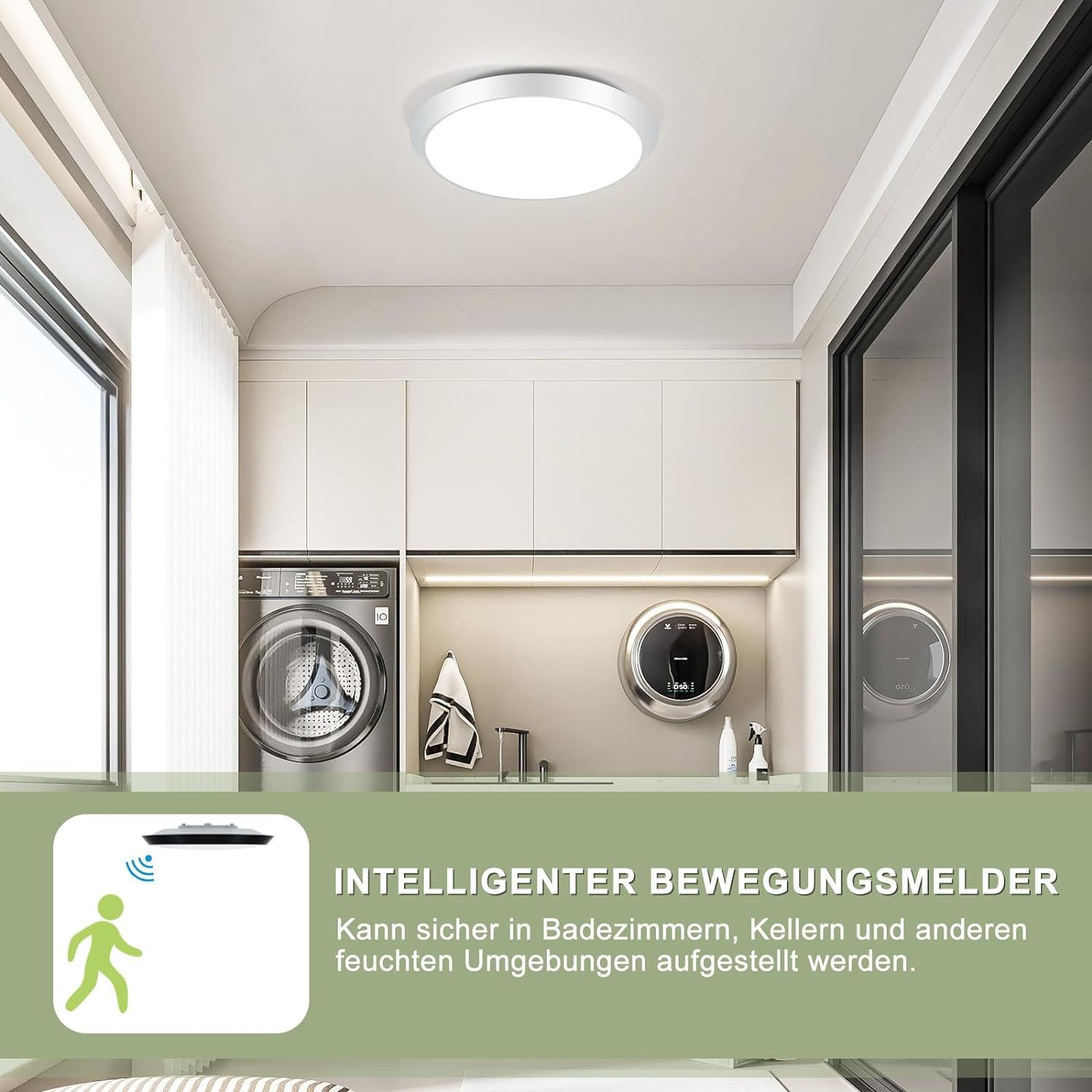 Lampada da soffitto bianca con lavanderia visibile. Il testo dice 'Intelligenter Bewegungsmelder'.
