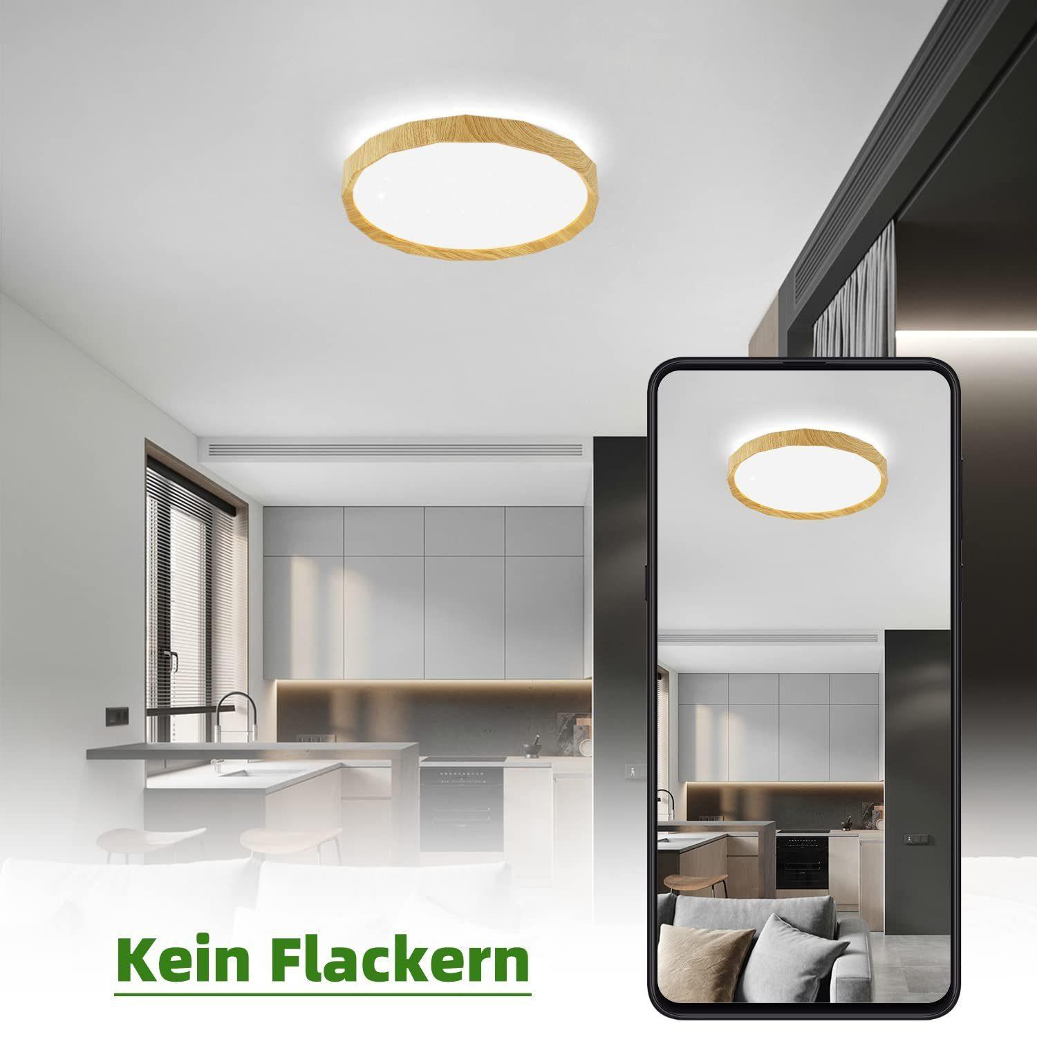 Interno con una moderna lampada da soffitto, isola della cucina e uno smartphone che mostra la luce.