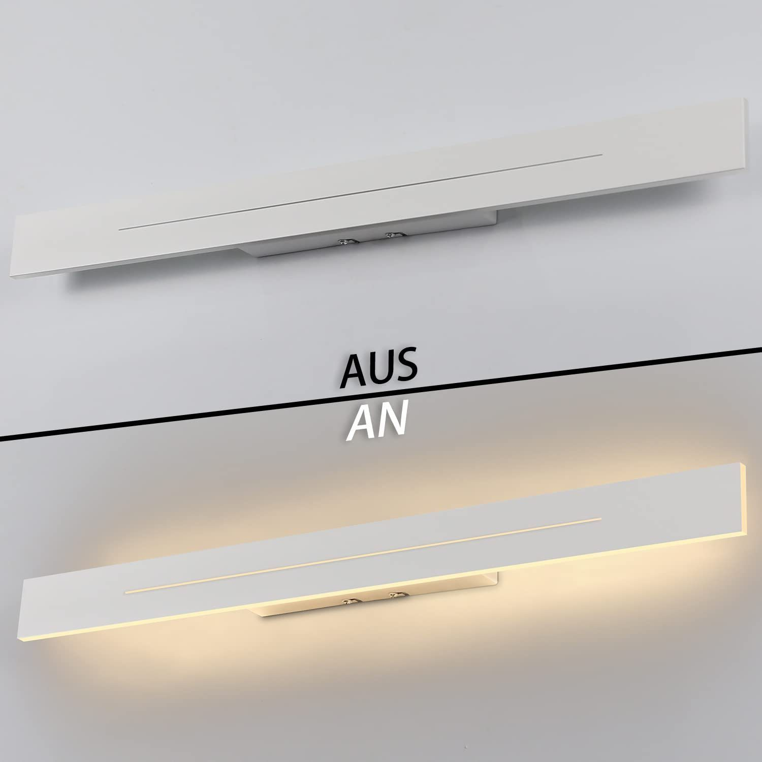 Una lampada da parete rettangolare bianca è mostrata accesa e spenta, montata su un muro bianco.