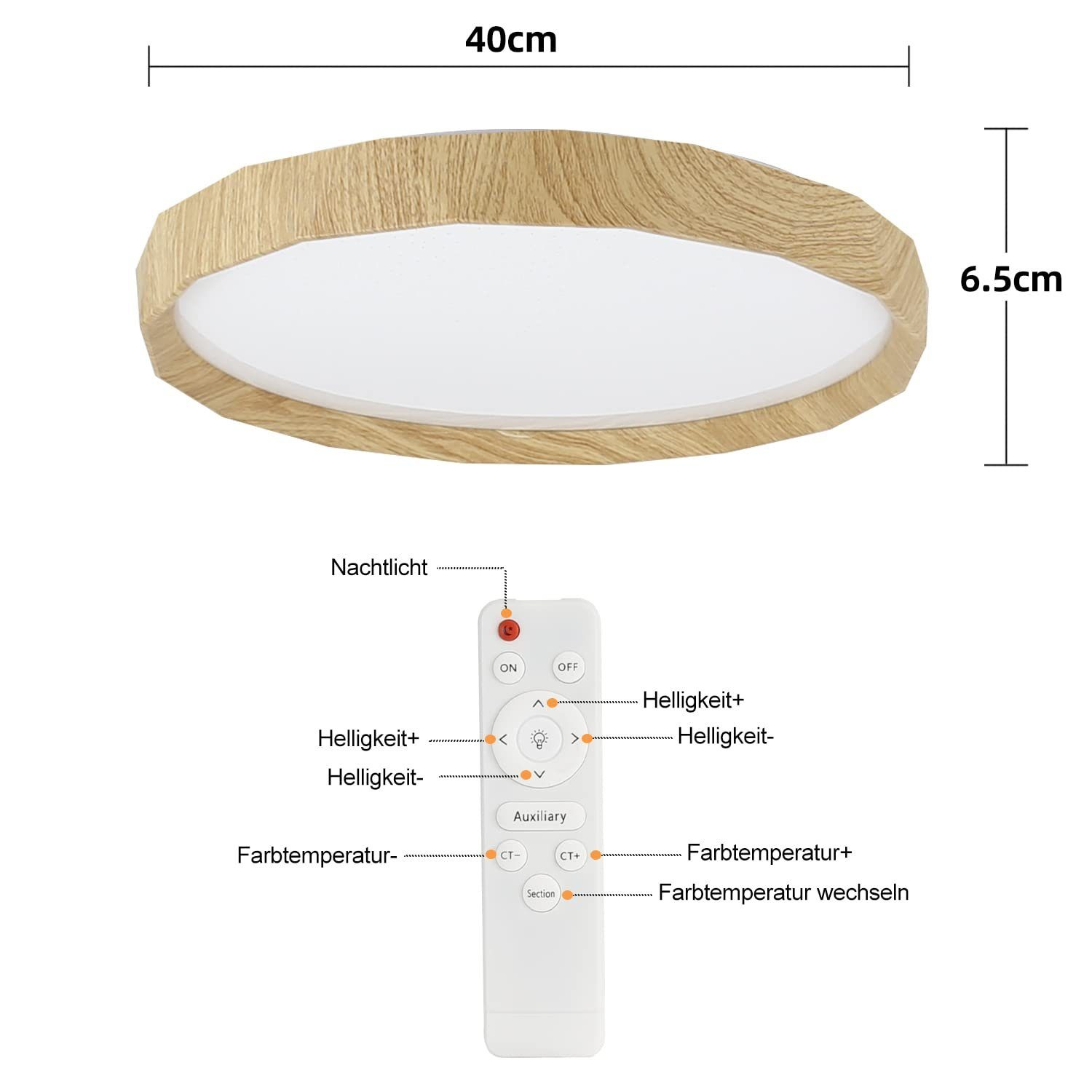 Una luce a soffitto rotonda con finiture in legno e un telecomando che mostra dimensioni e funzioni.