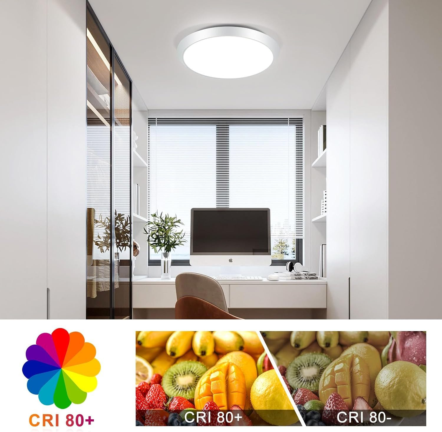 Una plafoniera rotonda e luminosa illumina un ufficio domestico con frutta e dettagli CRI 80+.