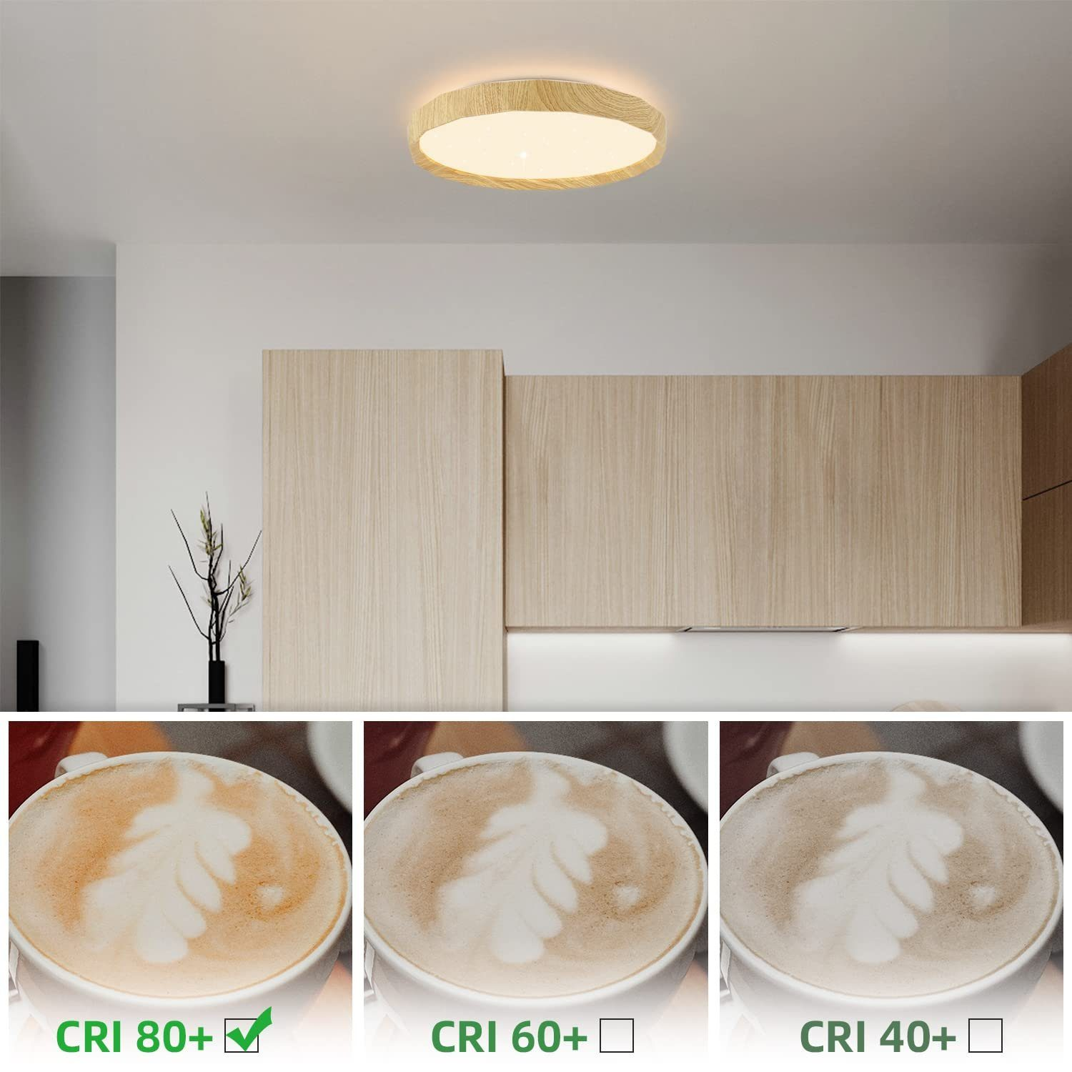 Un lampada da soffitto con cornice in legno di forma rotonda. Ci sono tre tazze di latte con diverse valutazioni CRI.