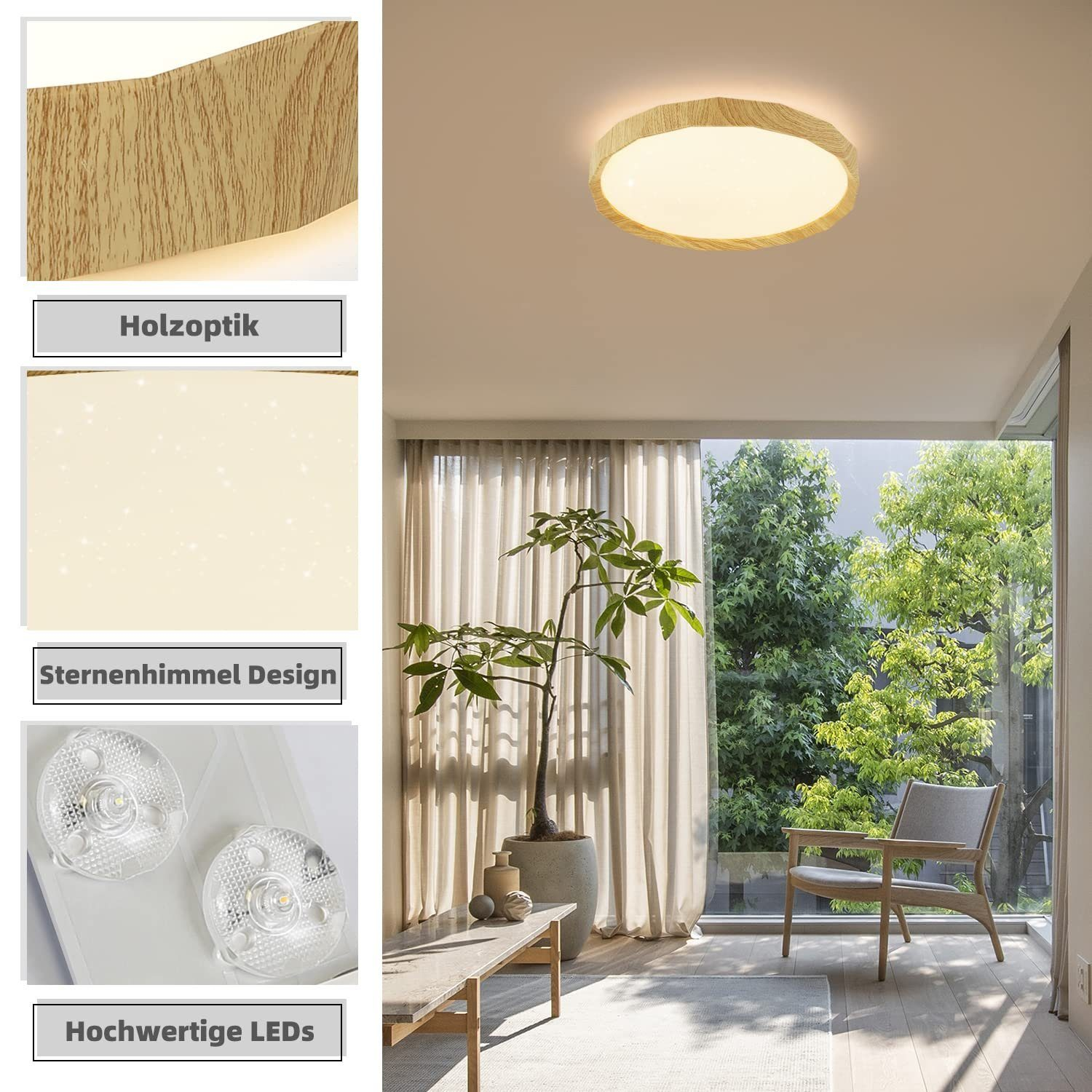 Un lampadario rotondo in legno con un centro bianco e dettagli sul legno e sui LED. Mostrato in una stanza.