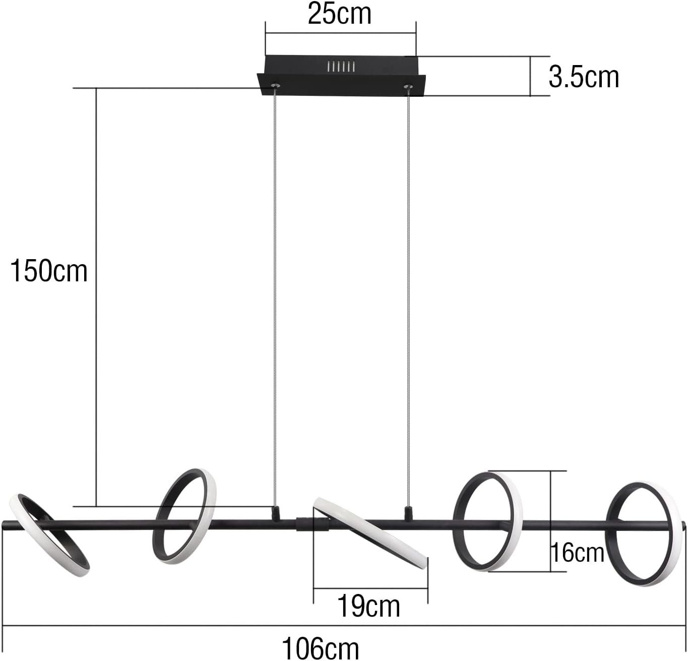 Diagramma di una lampada a sospensione lineare con misure. Cinque luci circolari sospese da una barra nera.