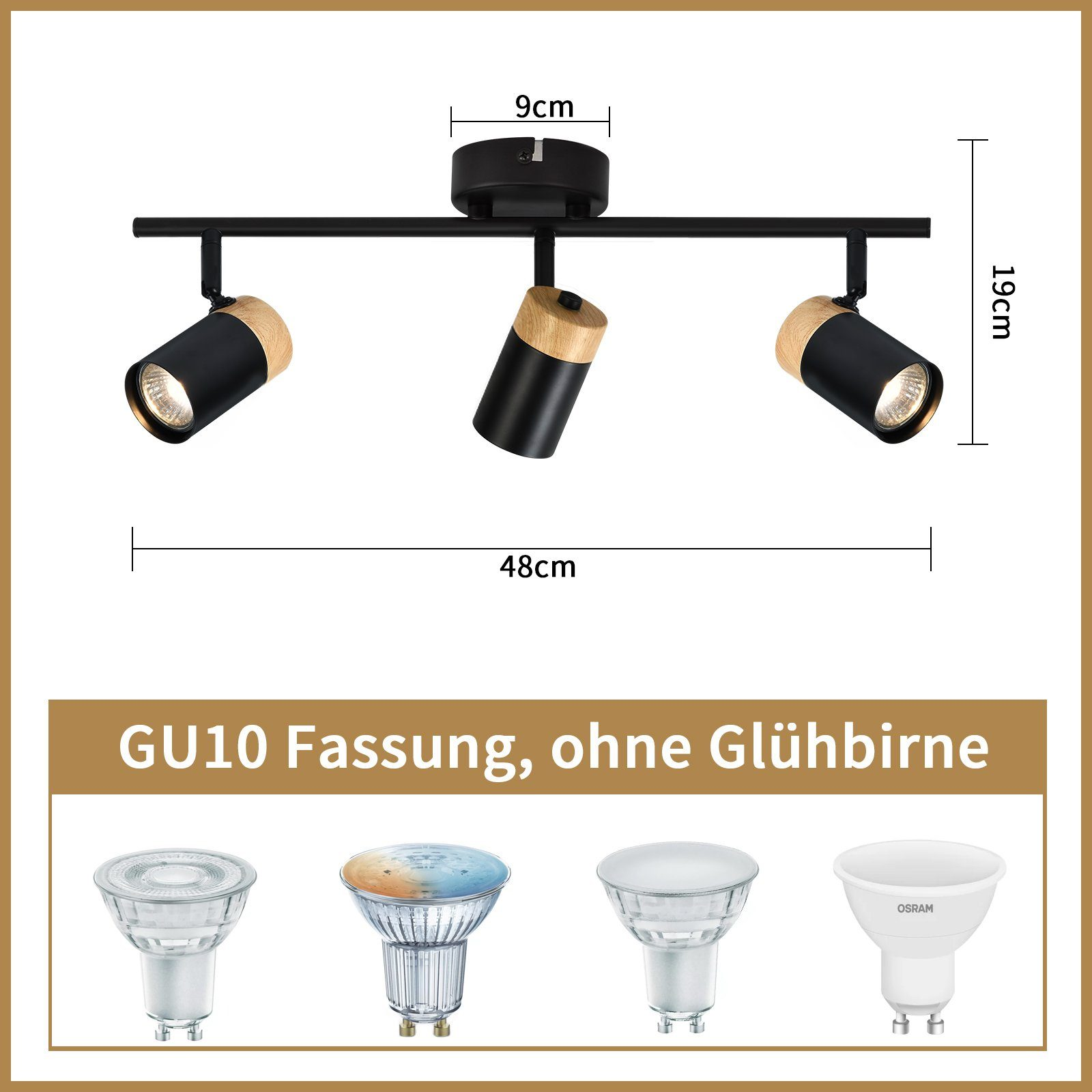 Faretto nero con tre accenti in legno, attacco GU10, senza lampadine, dimensioni date.