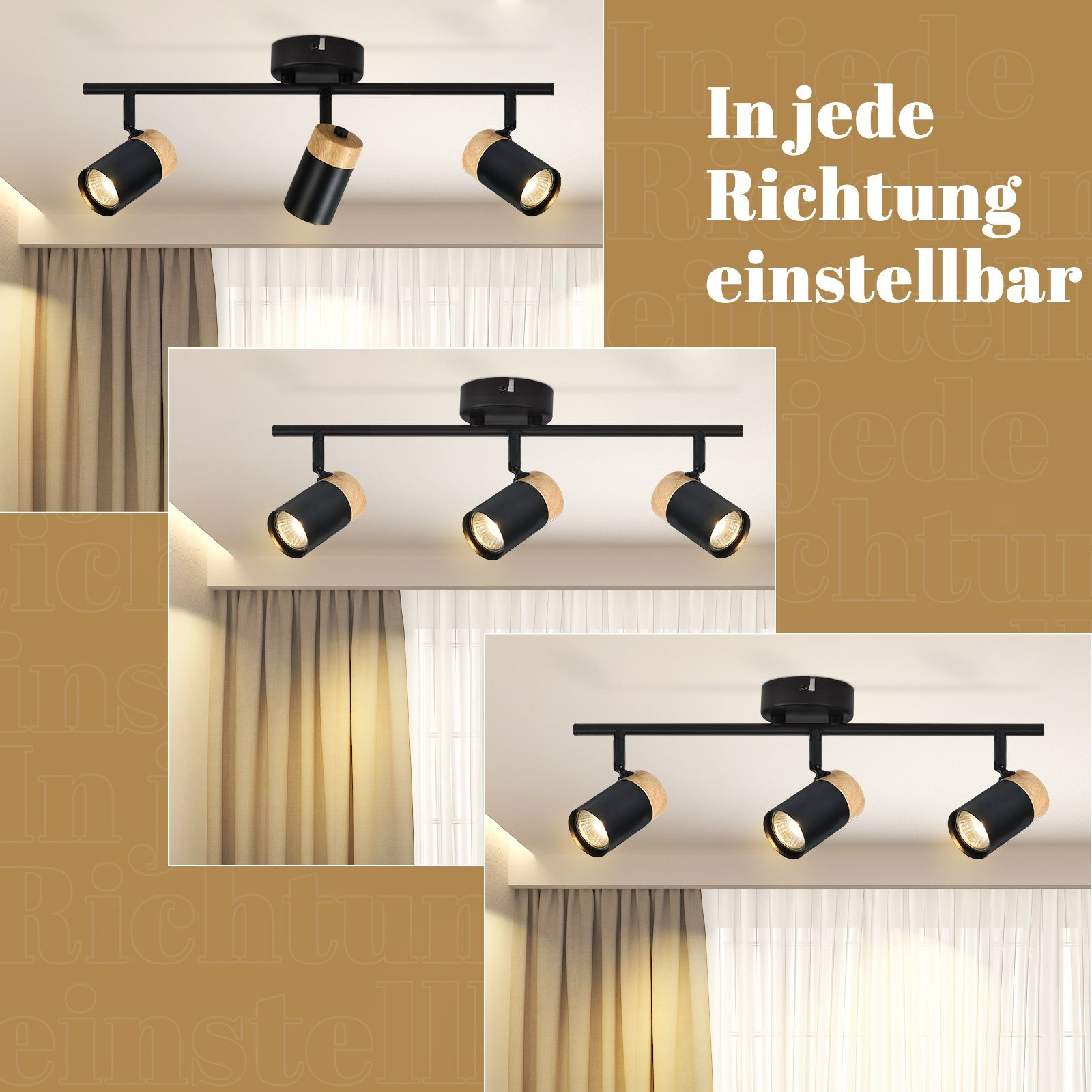 Un'illuminazione a soffitto con tre faretti neri regolabili, su uno sfondo testuale.