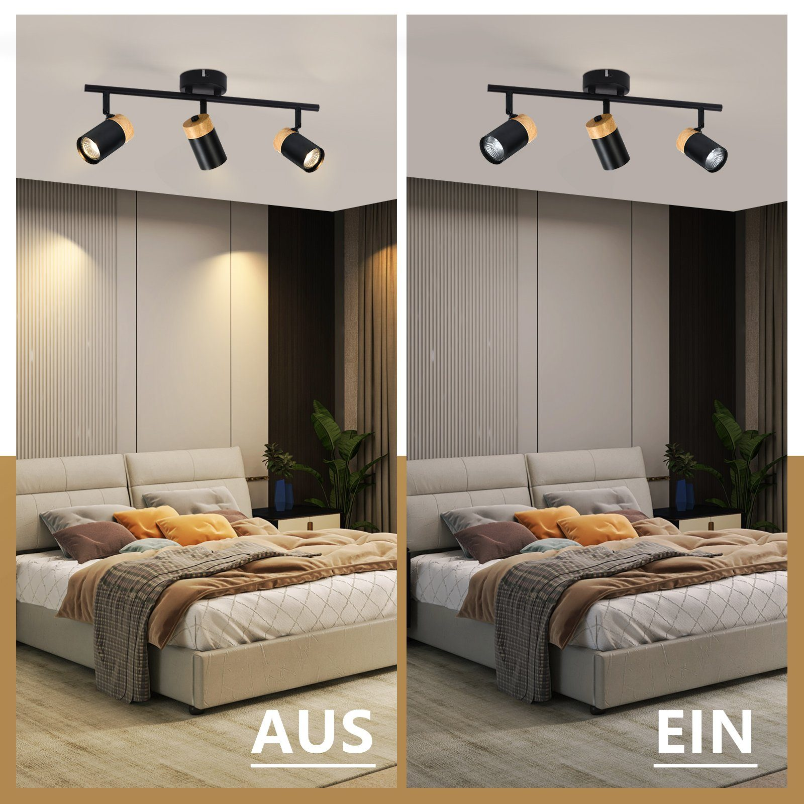 Due immagini mostrano una camera da letto con luci accese e spente. Le luci sono su una pista sopra il letto.