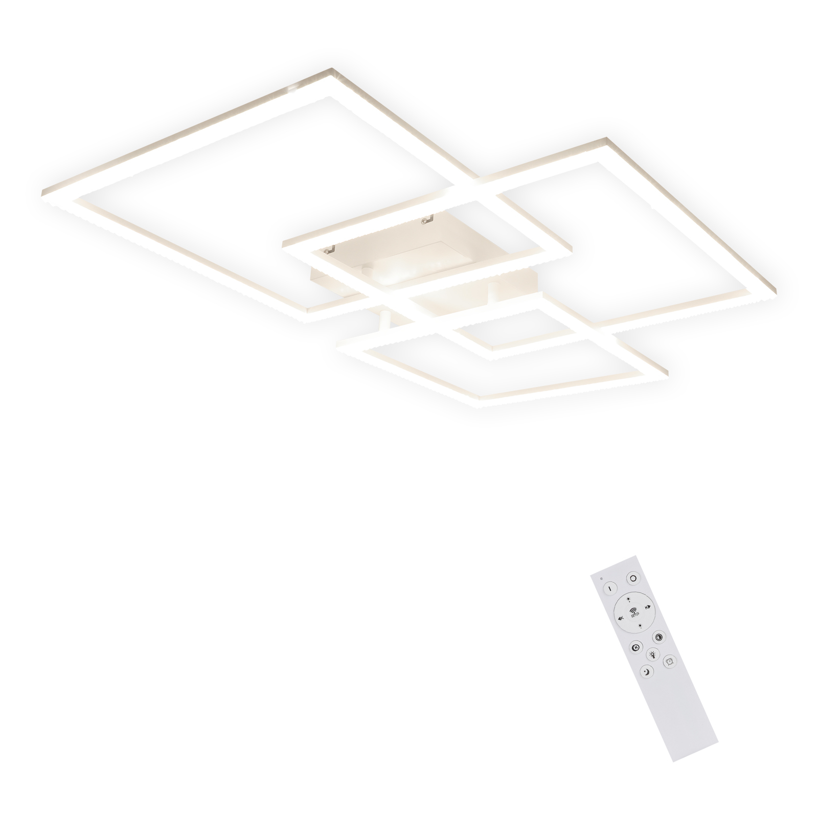 Plafoniera geometrica con telecomando su sfondo bianco.