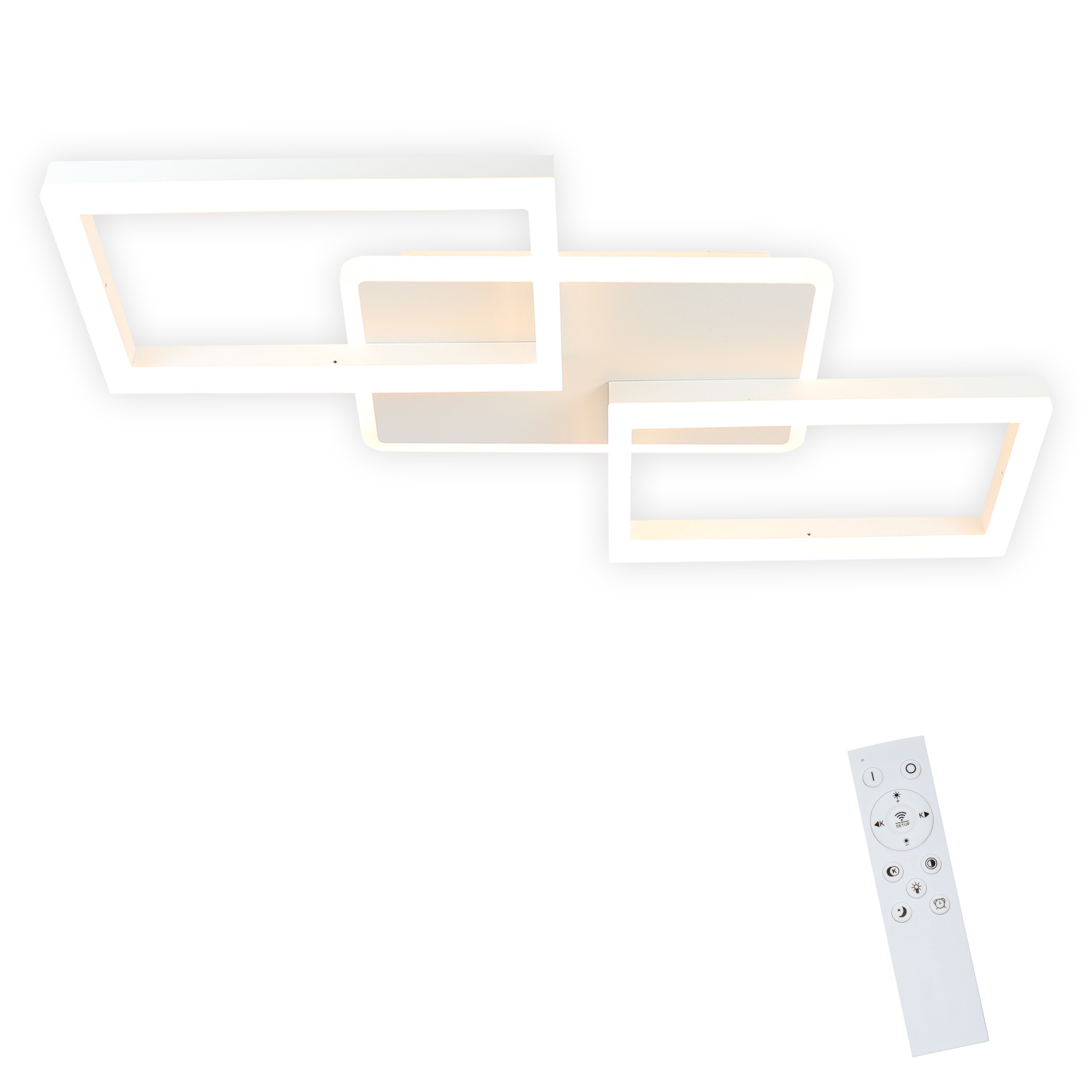 Lampada da soffitto bianca dal design moderno. Ha tre forme rettangolari e luci.