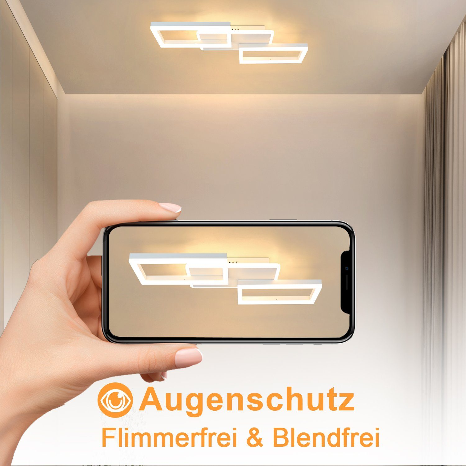 Una mano che tiene un telefono con l'immagine di una moderna lampada da soffitto con sovrapposizione di testo.