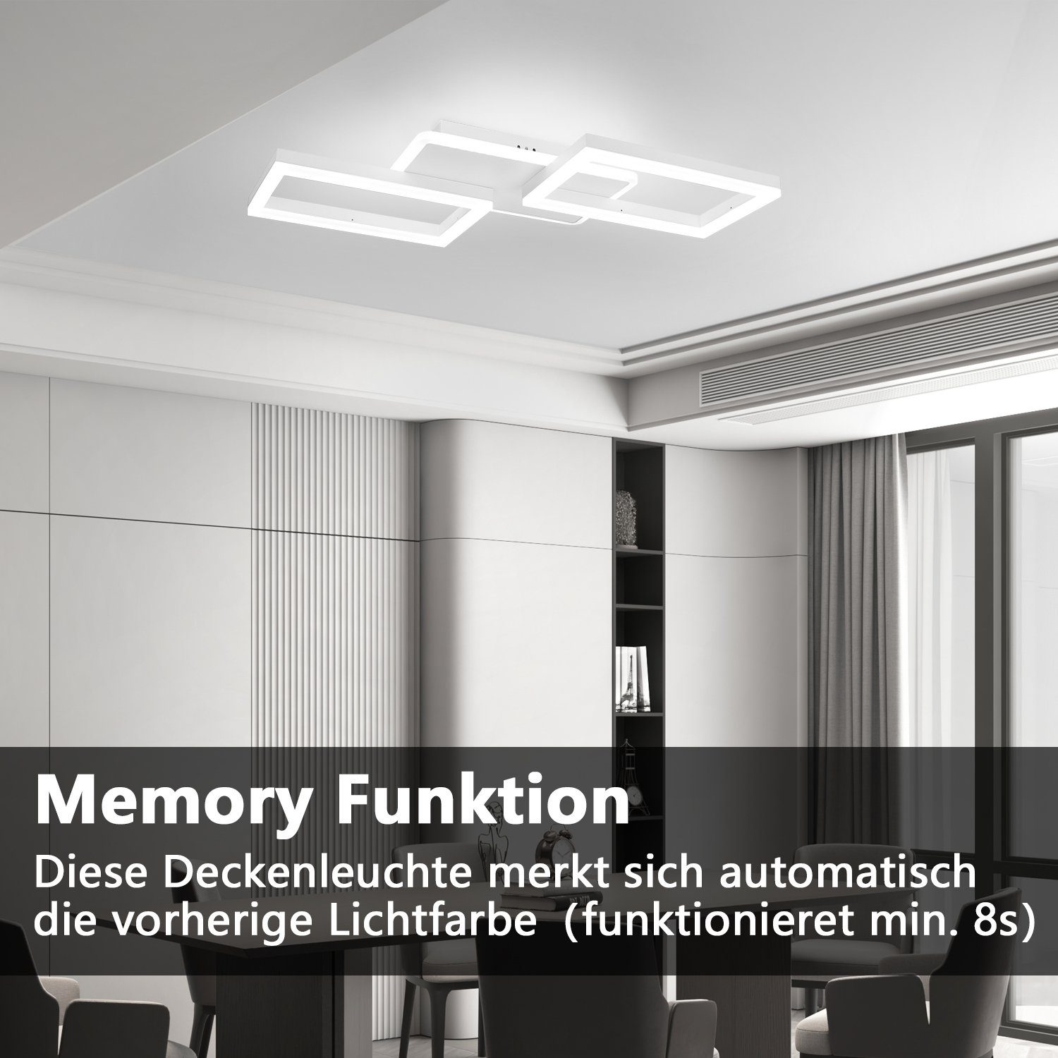 Plafoniera bianca con forme rettangolari. Testo: Funzione memoria, memoria colore luce (8s).