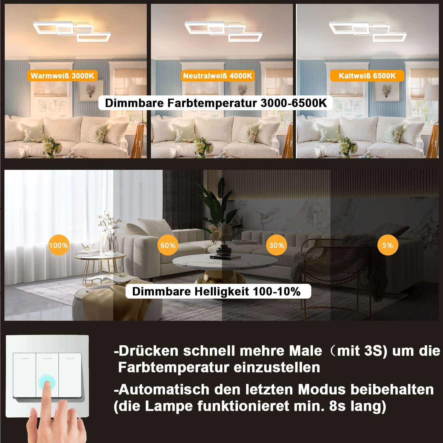 Un apparecchio di illuminazione che mostra diverse impostazioni di luce con un interruttore dimmer che mostra diverse luminosità.