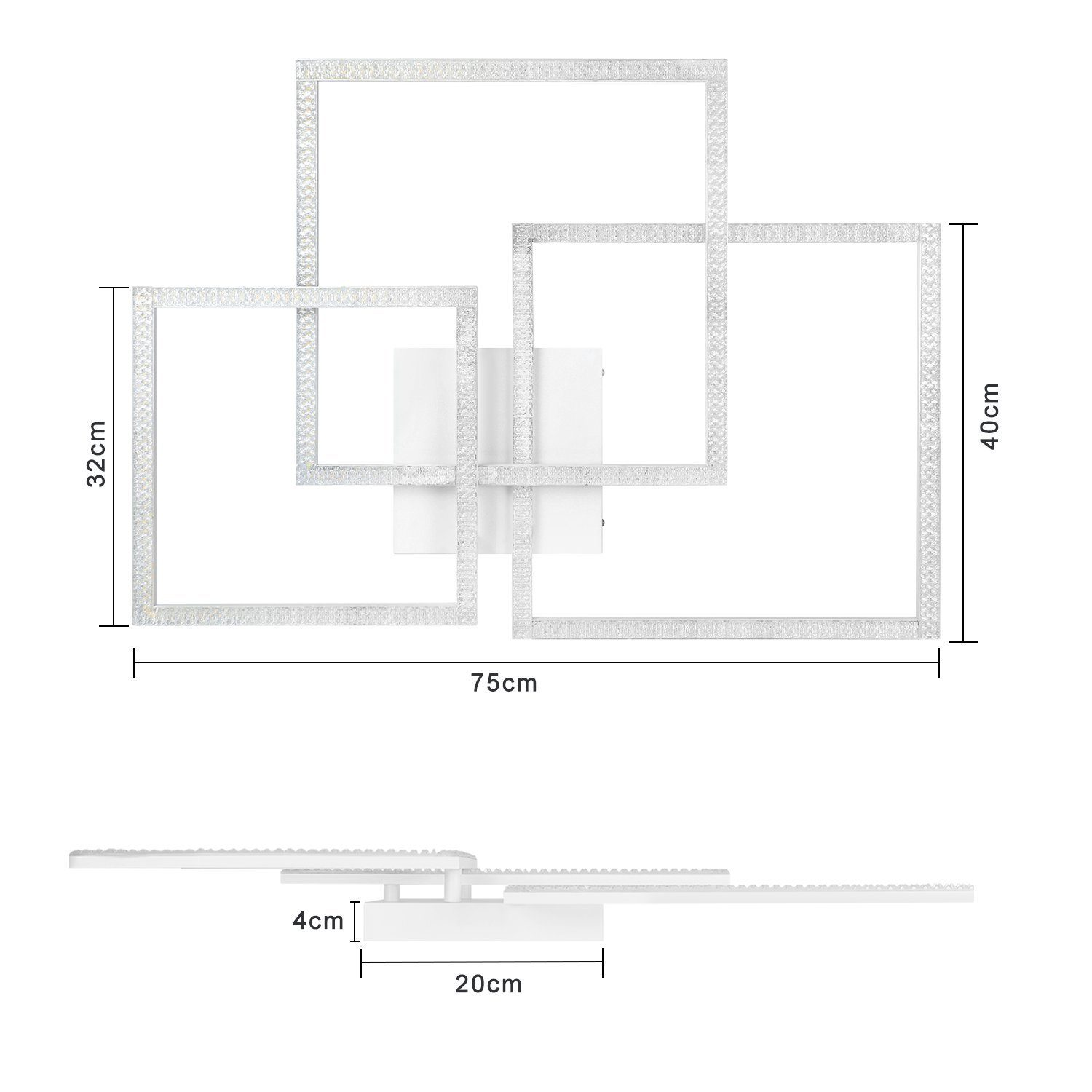 Un apparecchio di illuminazione a soffitto bianco con quattro cornici quadrate sovrapposte.