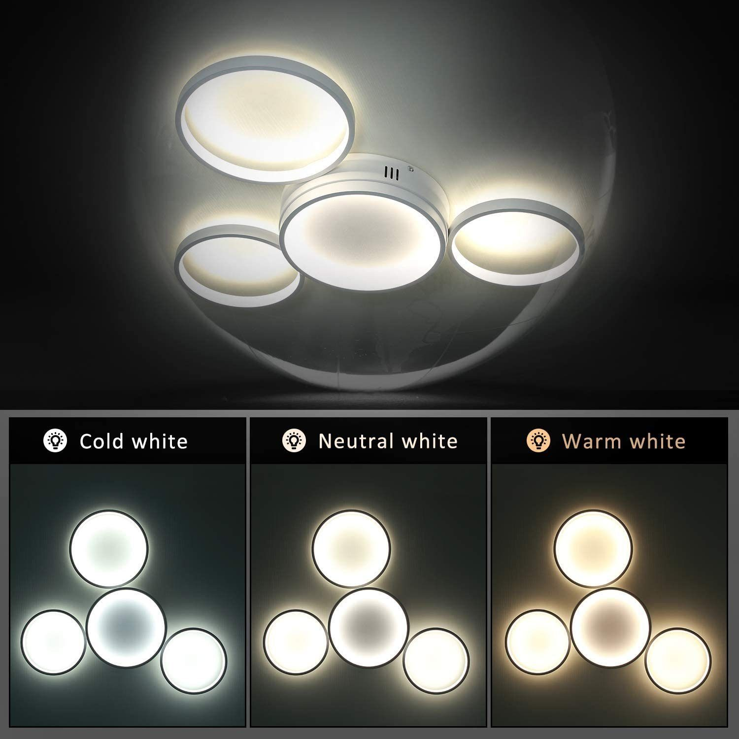 Una lampada da soffitto con più luci circolari, con le opzioni per bianco freddo, neutro e caldo.