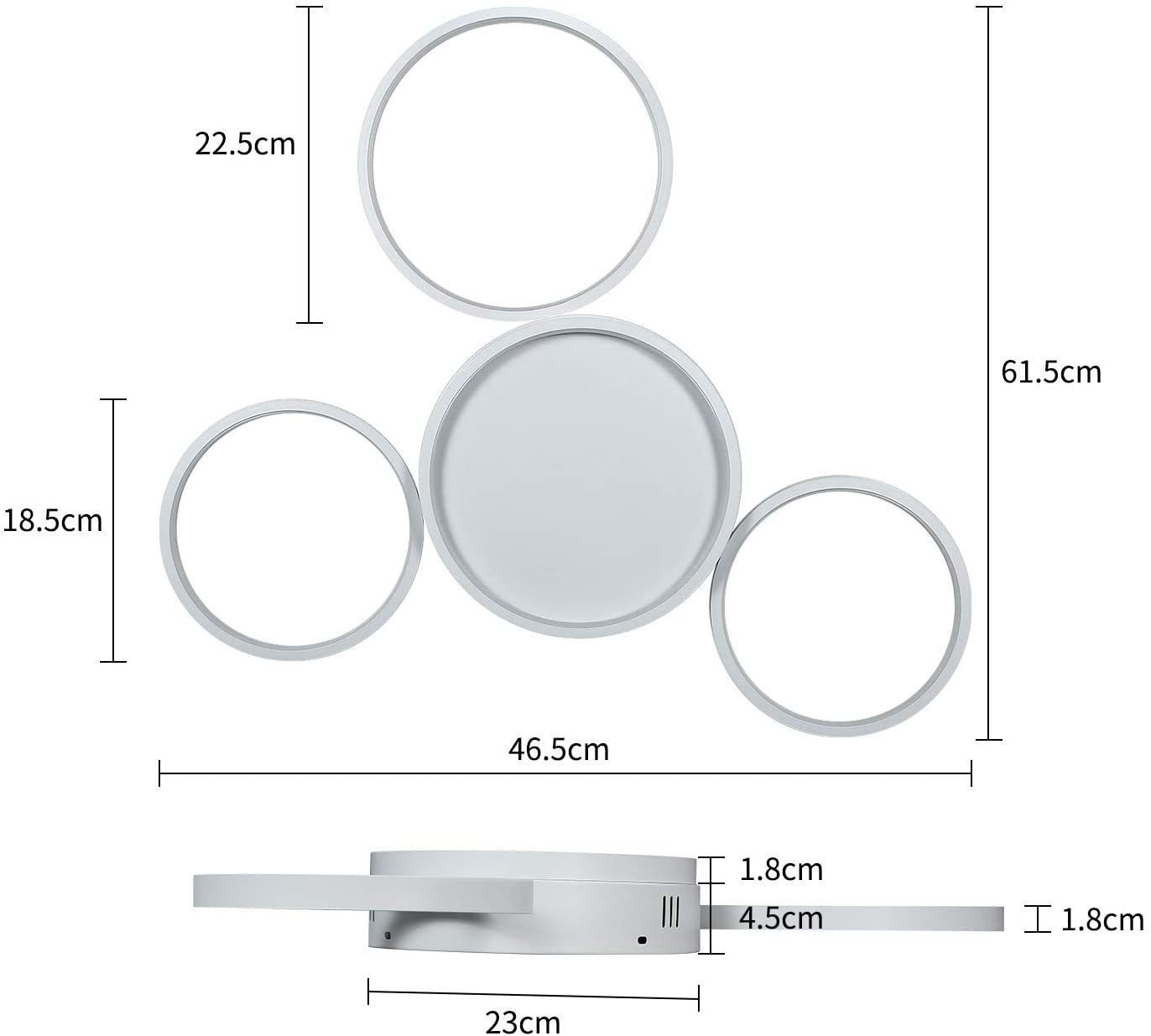 Una luce a soffitto bianca con quattro elementi circolari e dimensioni etichettate in cm.