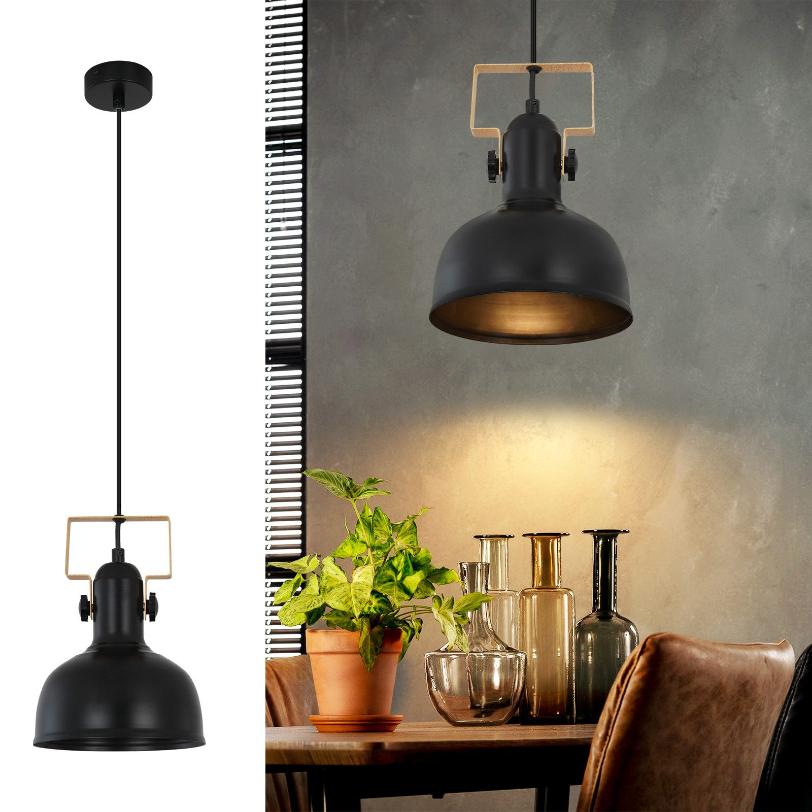 Czarna lampa wisząca z drewnianymi akcentami, oświetlająca jadalnię z roślinami.
