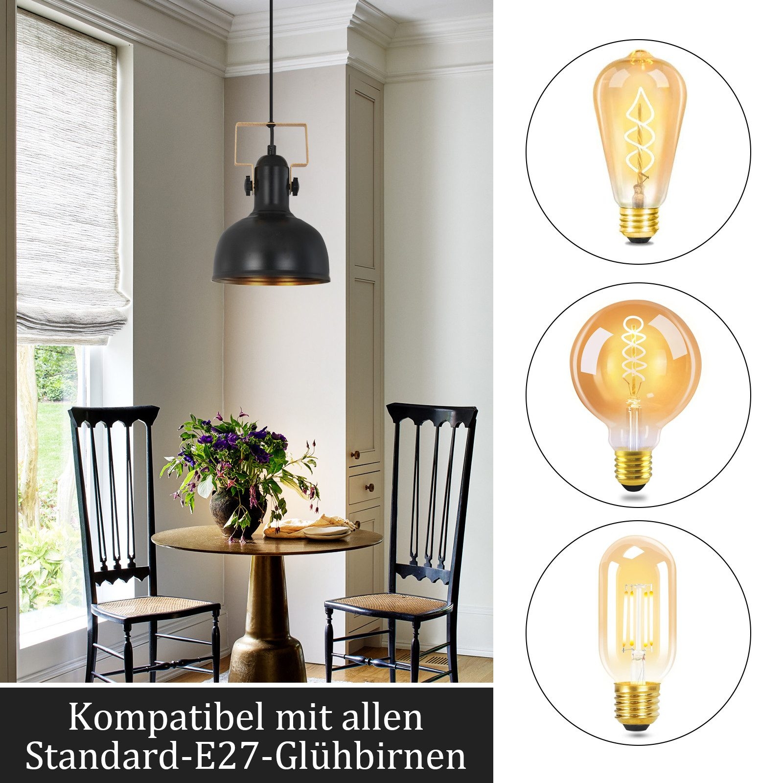 Czarna lampa wisząca i trzy style żarówek wyświetlane na białym tle kuchni.