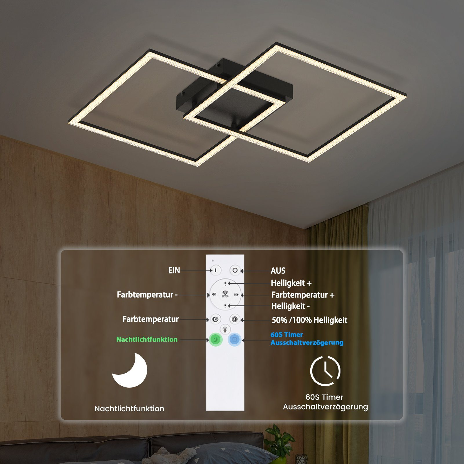 Czarno-biała kwadratowa lampa sufitowa. Pilot z wieloma przyciskami i funkcjami.