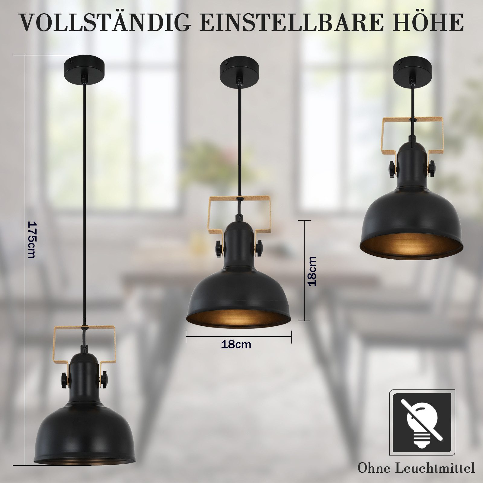 Trzy czarne lampy wiszące z regulowaną wysokością. Każda z czarnym kloszem.