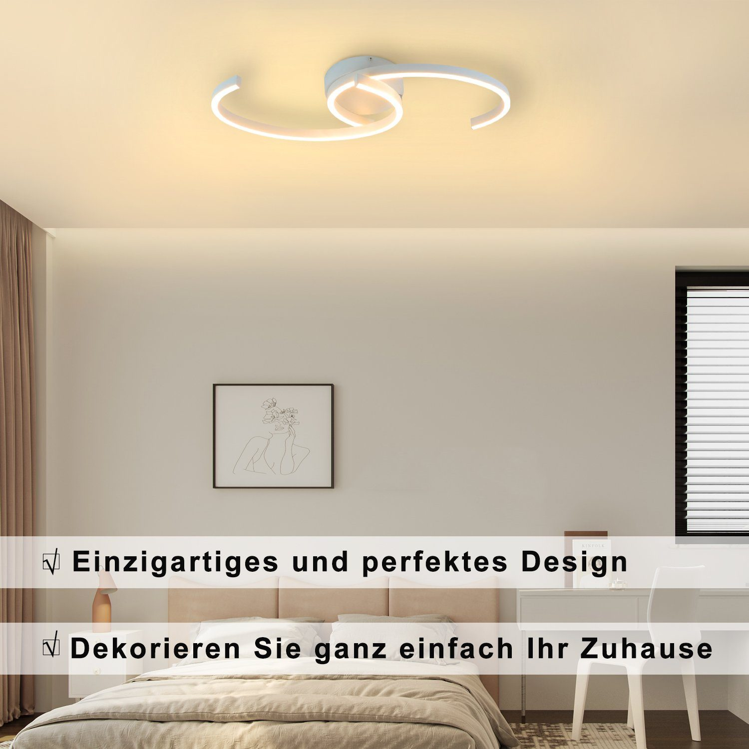 Biała lampa sufitowa o unikalnym designie. Światło jest w sypialni. Jest łóżko i białe biurko.