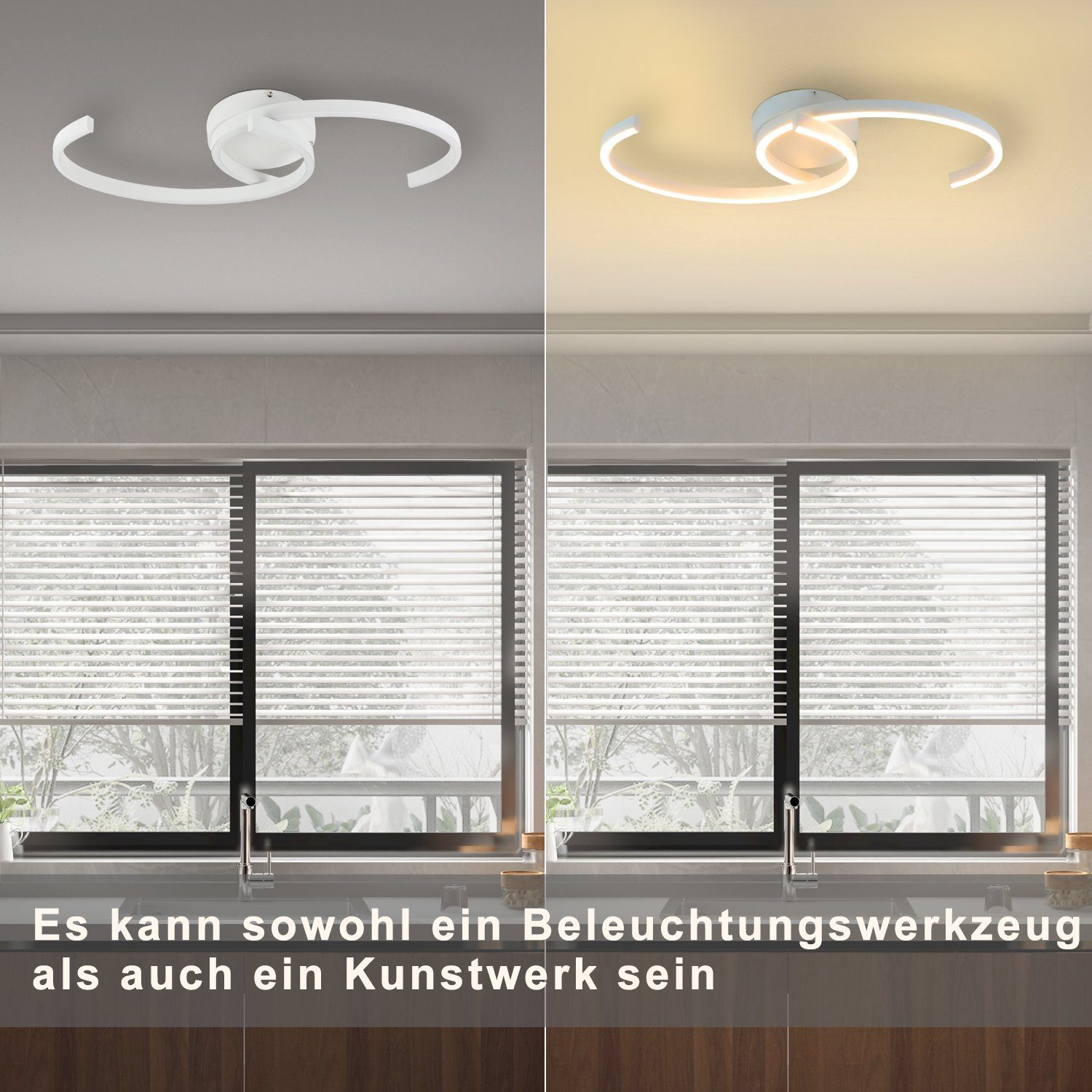 Lampa sufitowa w dwóch widokach: Jeden z zimnym białym światłem, drugi z ciepłym światłem. Tekst: Es kann sowohl ein Beleuchtungswerkzeug...