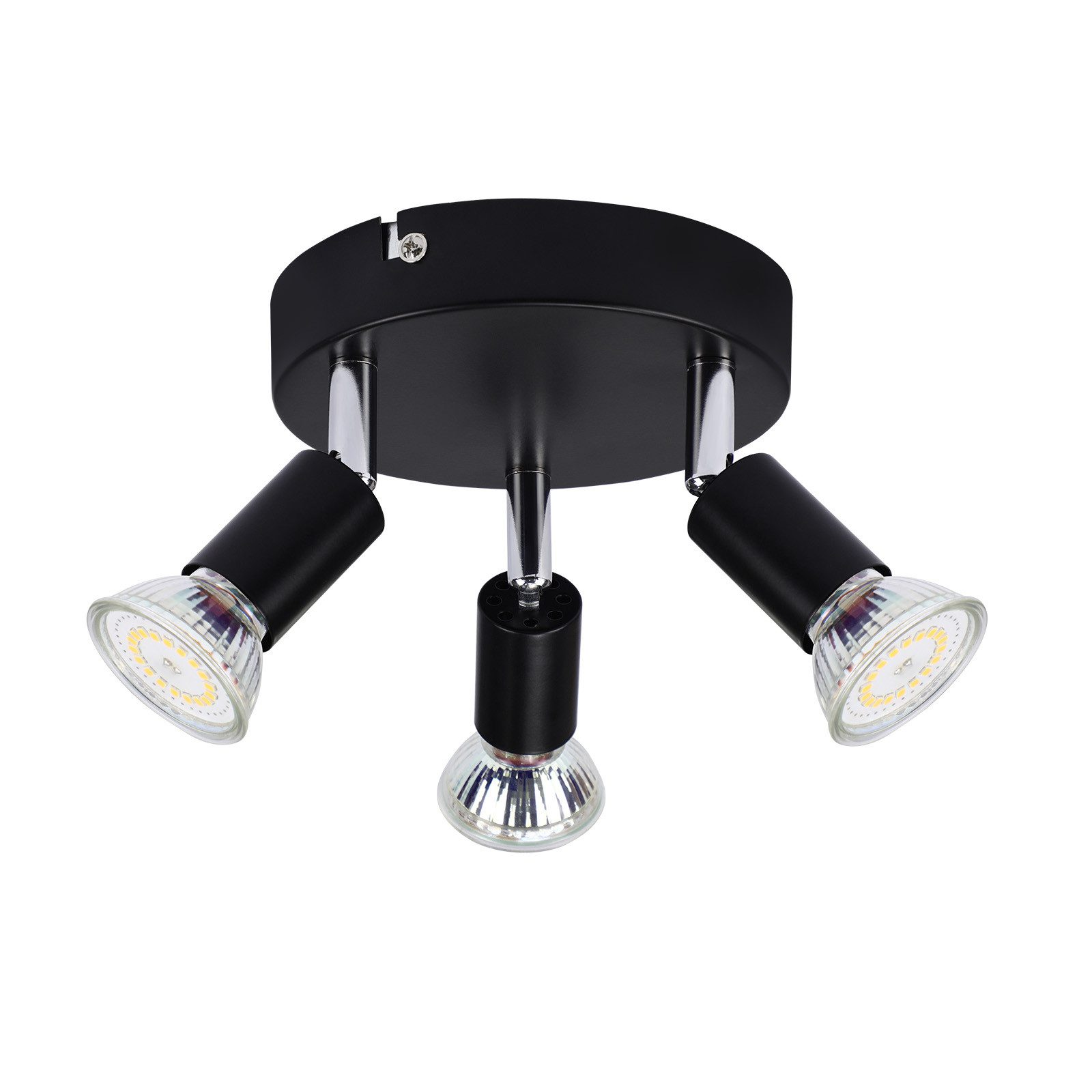 Plafoniera con tre faretti. I faretti sono neri e rivolti verso il basso. Lo sfondo è un soffitto bianco.