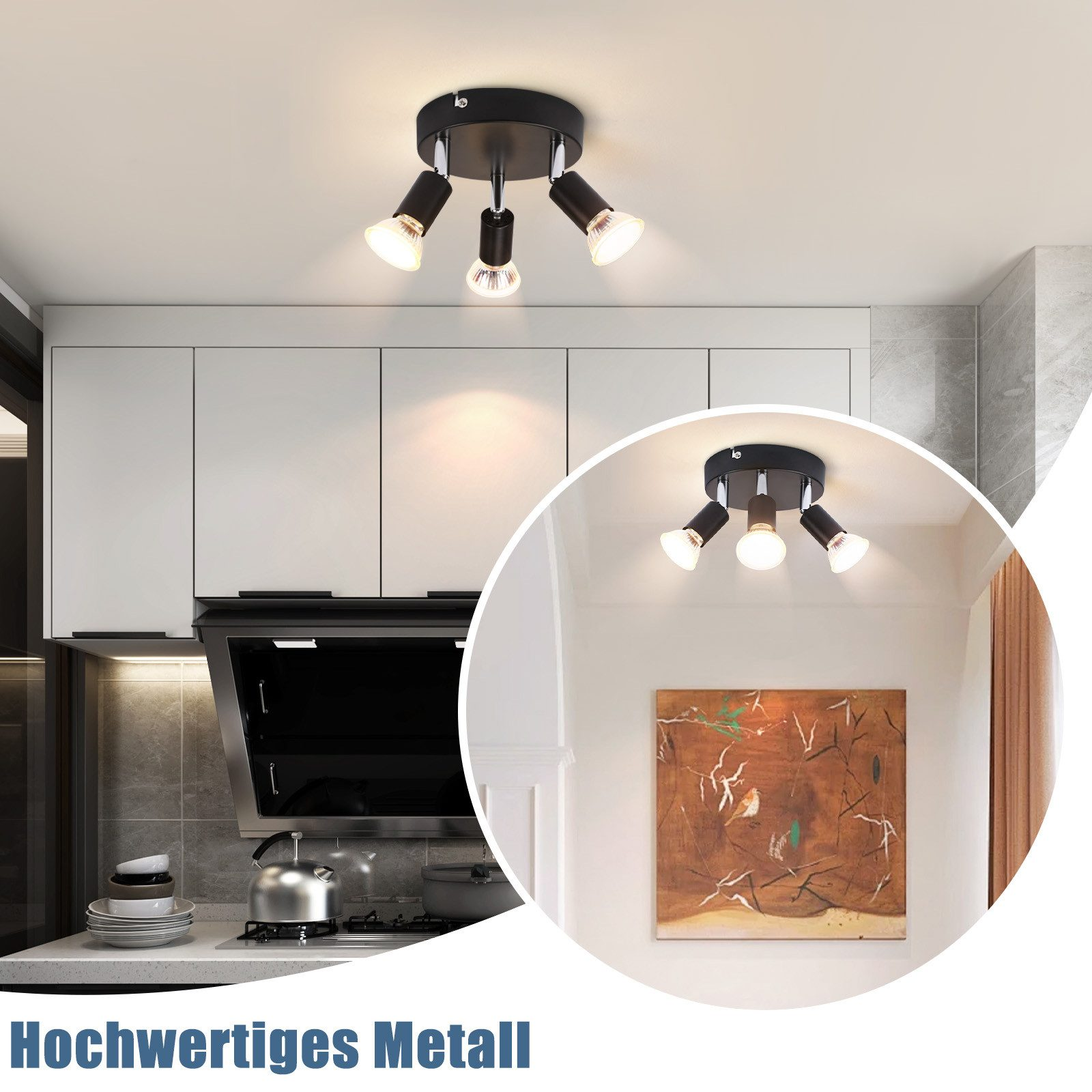 Una plafoniera nera con faretti che illuminano una scena della cucina con mobili.