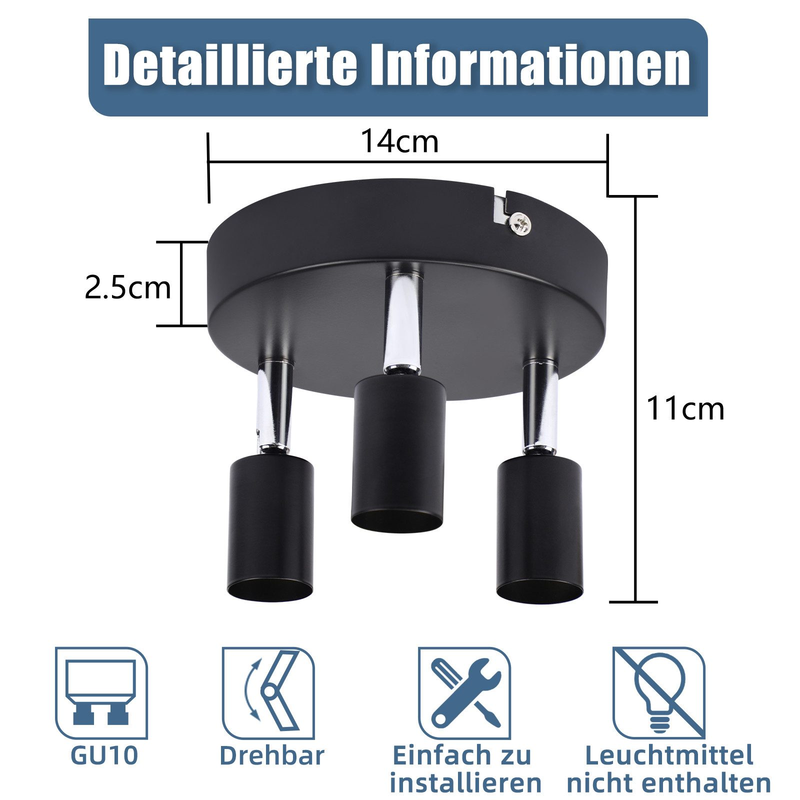 Plafoniera nera con tre lampade rivolte verso il basso. Dimensioni: 14 cm di larghezza, 11 cm di altezza. GU10, ruotabile, facile da installare.