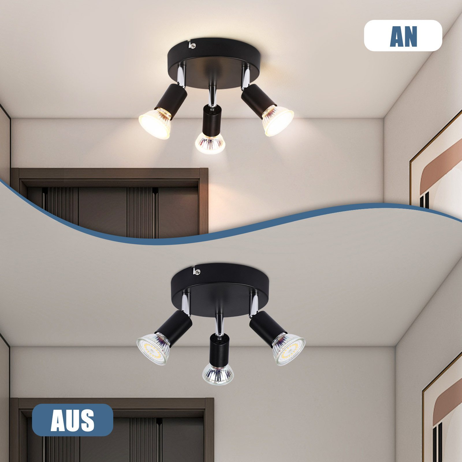 Due immagini che mostrano le luci a soffitto accese e spente. Lo sfondo ha una porta e un muro.