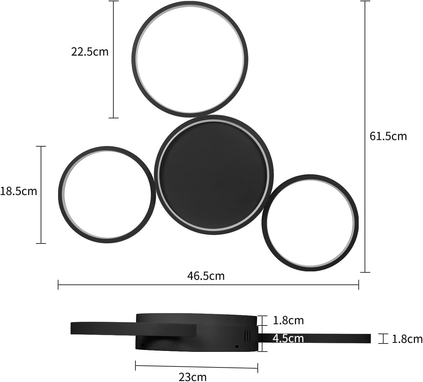 Apparecchio di illuminazione a LED nero e argento con tre luci circolari e una base centrale rotonda.