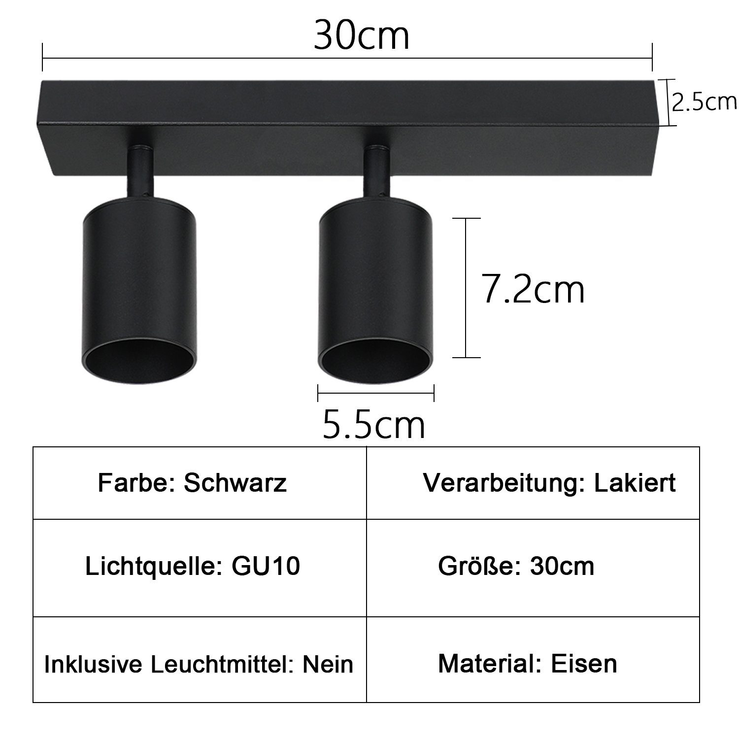 Diagramma di un apparecchio nero a due luci, con dimensioni e dettagli tecnici.