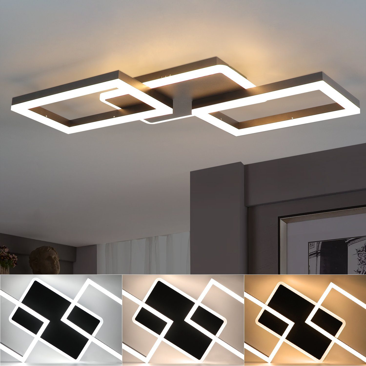 Lampada da soffitto moderna con cornici rettangolari, che offre opzioni per diversi colori di luce.