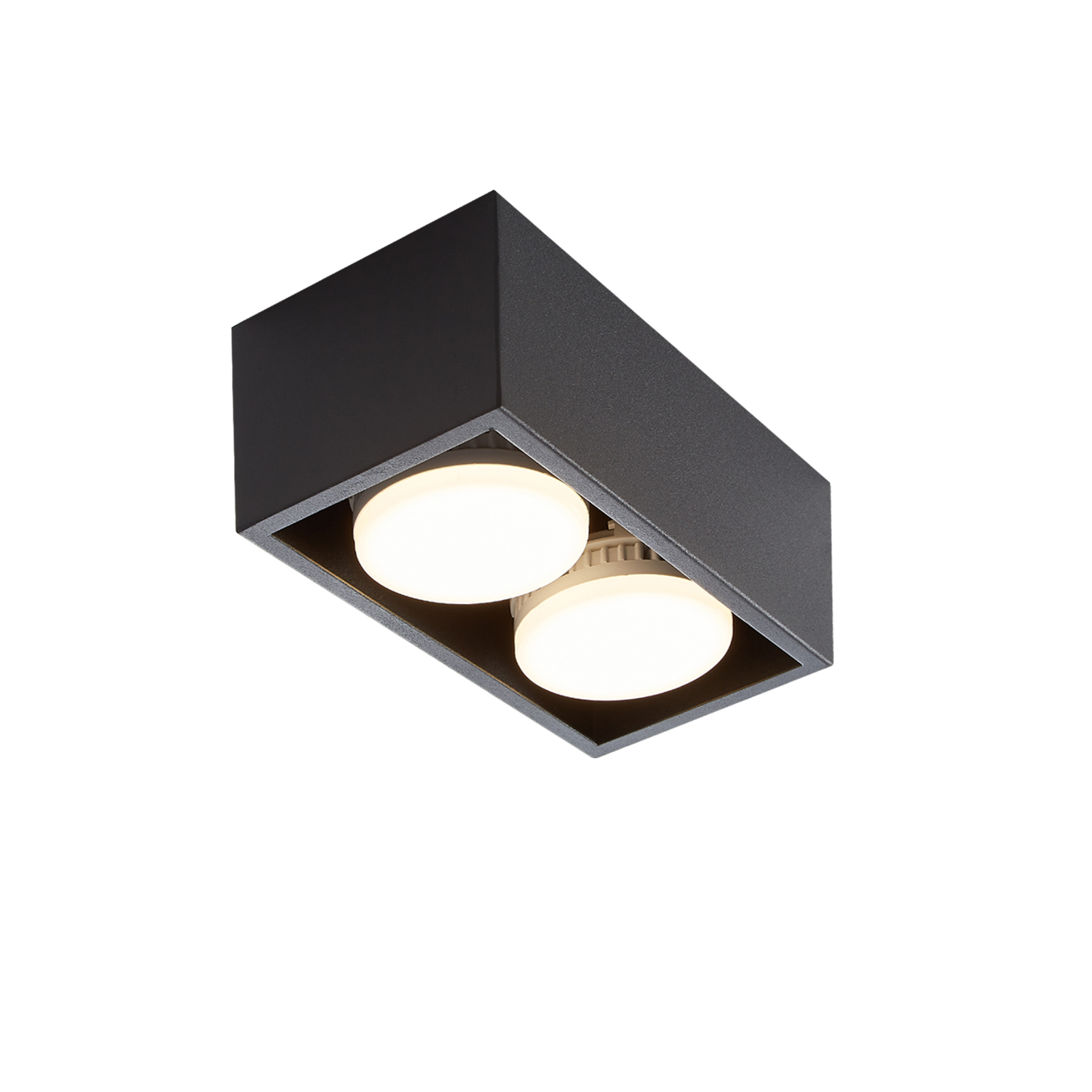 Apparecchio di illuminazione a incasso nero con due luci circolari, su sfondo bianco.