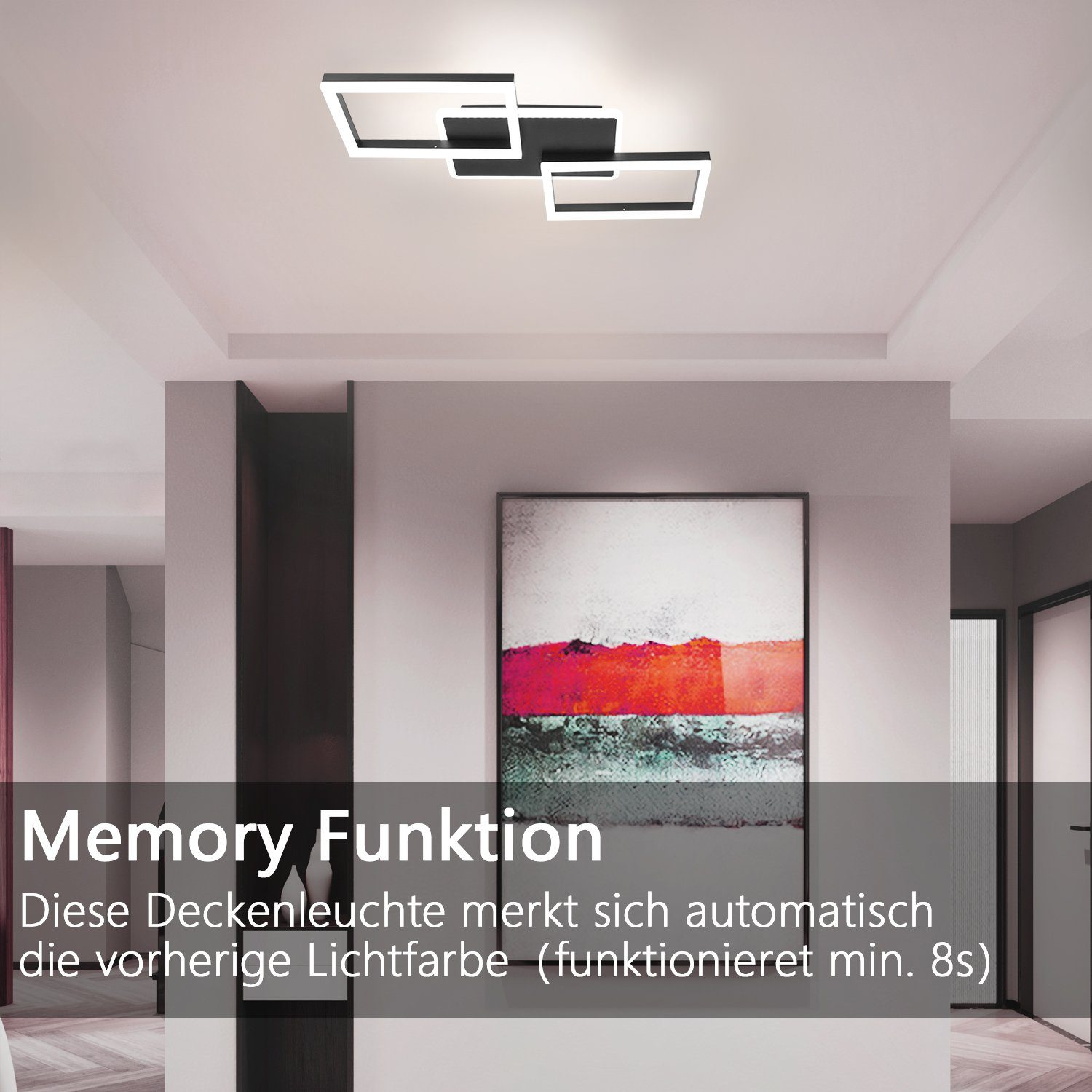 Un apparecchio di illuminazione a soffitto con funzione di memoria, mostrato in un ambiente con arte.
