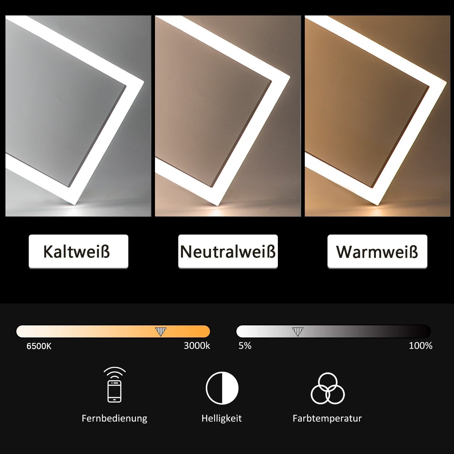 Tre immagini che mostrano diverse temperature di colore per una luce quadrata. Il testo mostra le opzioni di temperatura e luminosità.