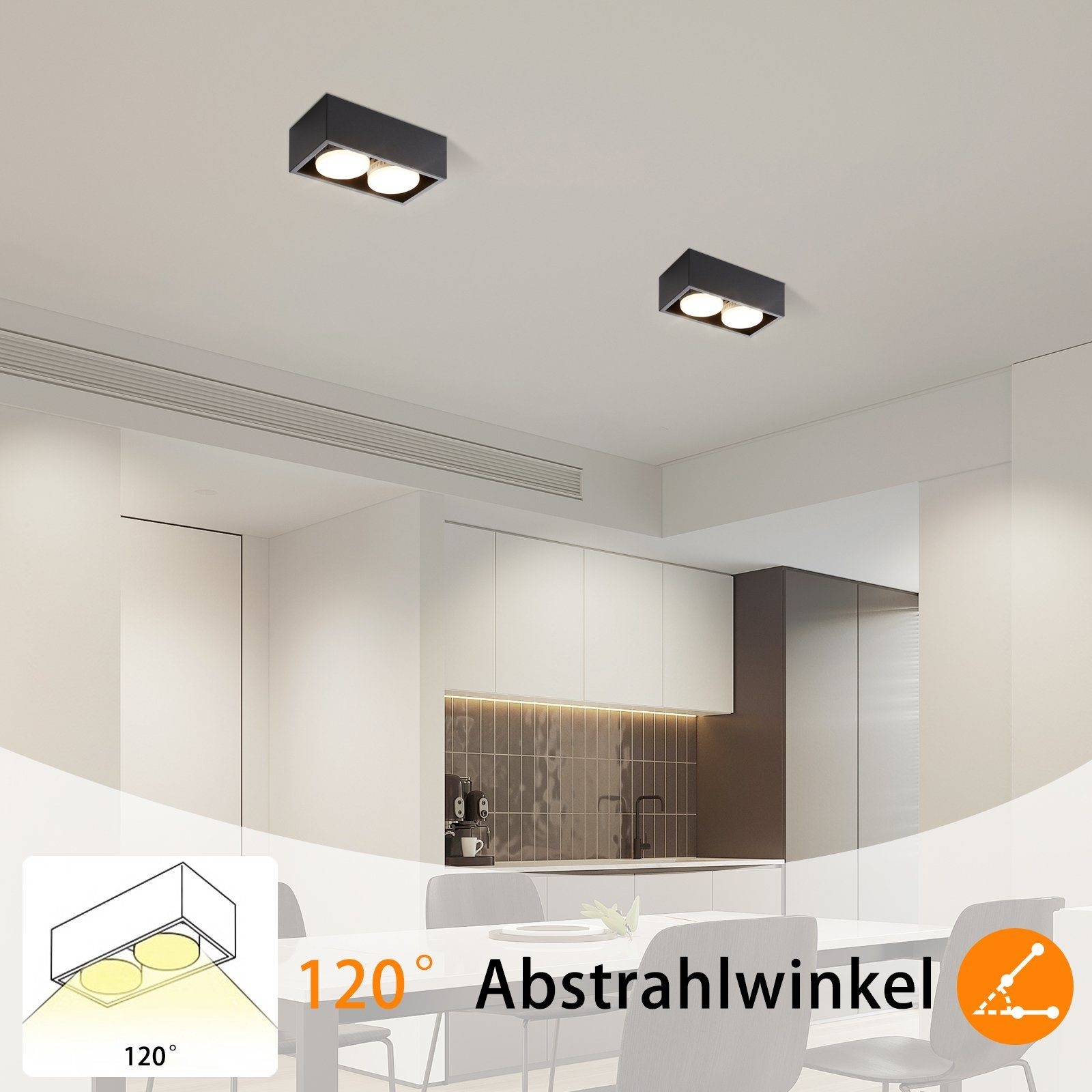 Due faretti da incasso a soffitto. L'immagine include un diagramma che mostra un angolo del fascio di 120 gradi.