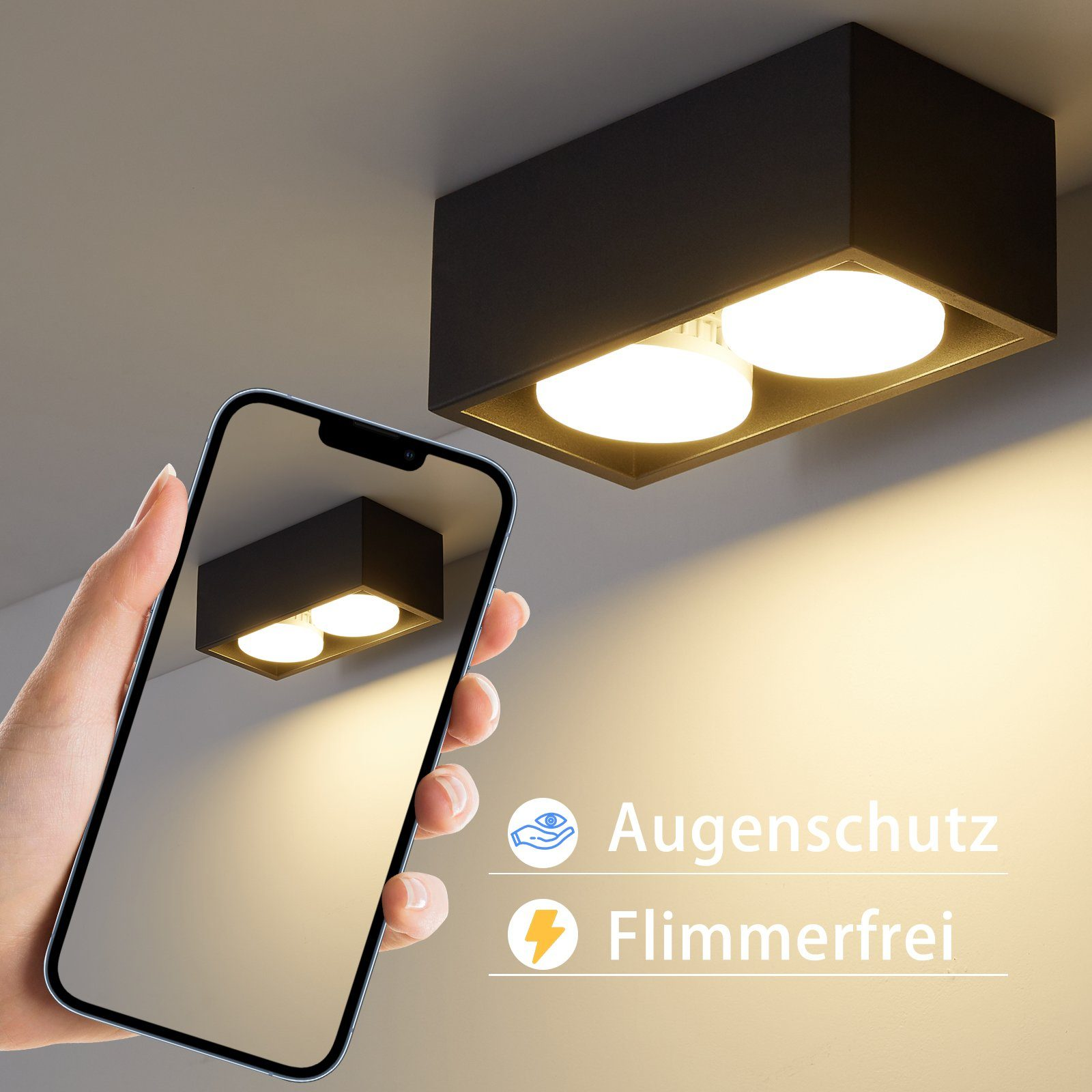 Mano che tiene un telefono. Il telefono mostra una lampada da soffitto. Testo: Protezione degli occhi. Senza sfarfallio.