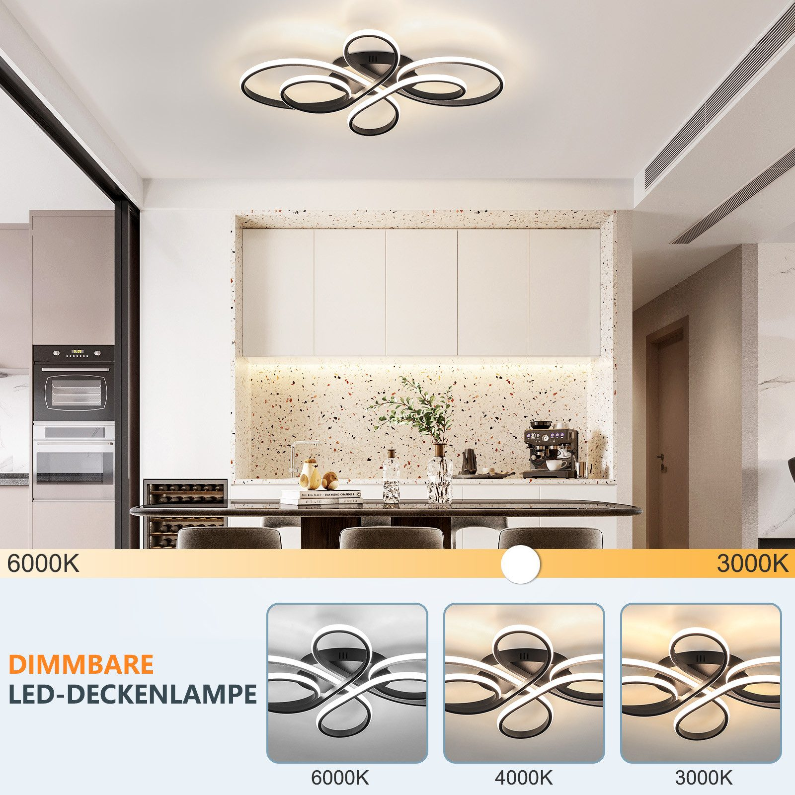 Lampada da soffitto a LED dimmerabile nera con design curvo. Mostrata con diverse temperature di colore: 6000K, 4000K, 3000K.