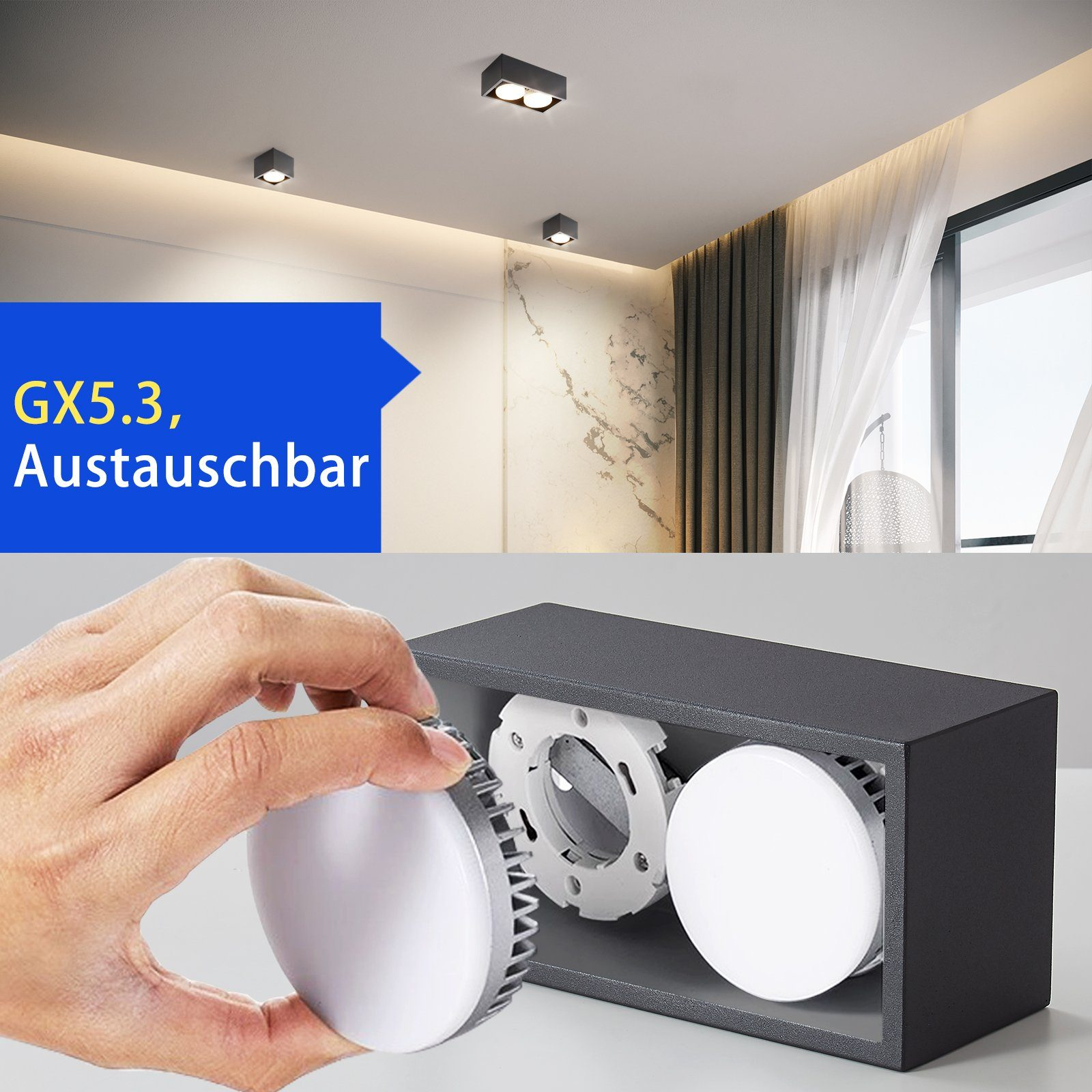 Immagine che mostra una mano che tiene una lampadina accanto a una luce a soffitto. Testo: GX5.3, intercambiabile.