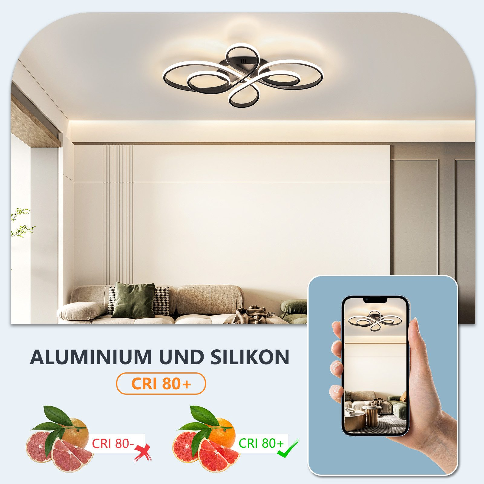 Lampada da soffitto moderna con design astratto. Un telefono mostra anche una luce simile.