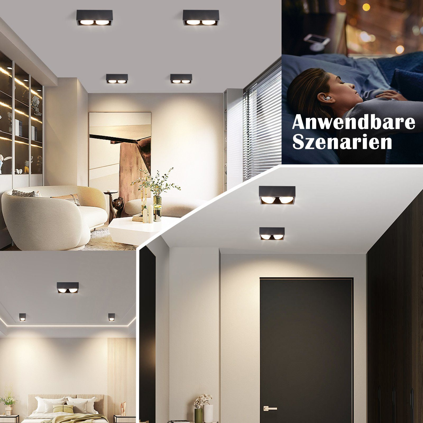 Mehrere Bilder mit Deckenleuchten in verschiedenen Umgebungen: Flur, Schlafzimmer und Wohnzimmer.