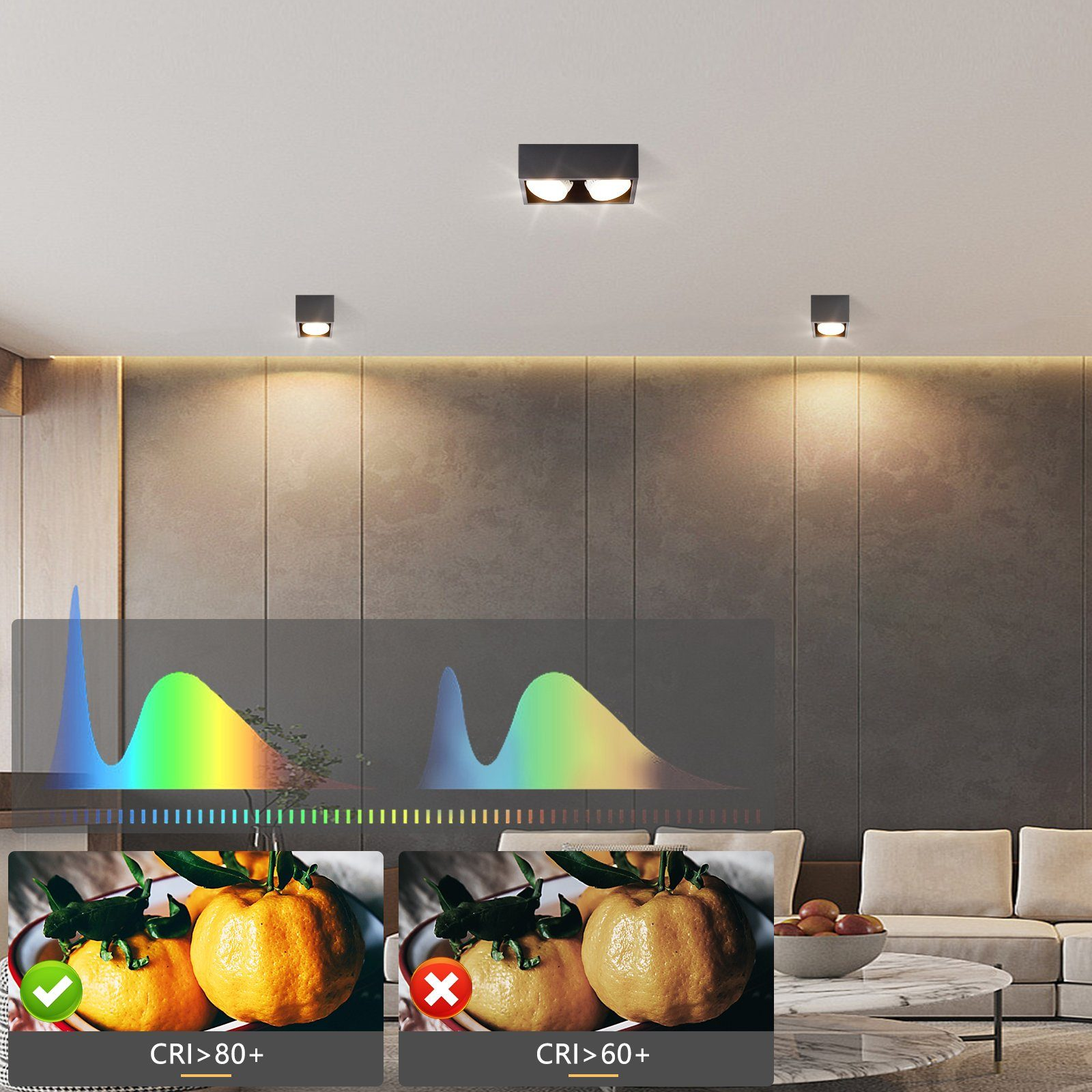 Luci a soffitto con un confronto dell'indice di resa cromatica (CRI). Uno con CRI<gt/>80+, uno con CRI<gt/>60+.