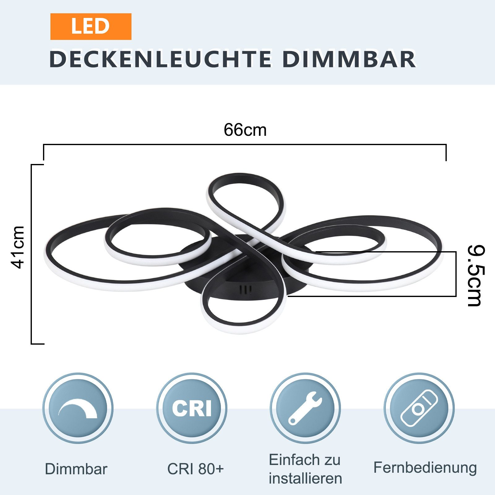 Una lampada da soffitto a LED bianca e nera con dimensioni e icone di controllo.