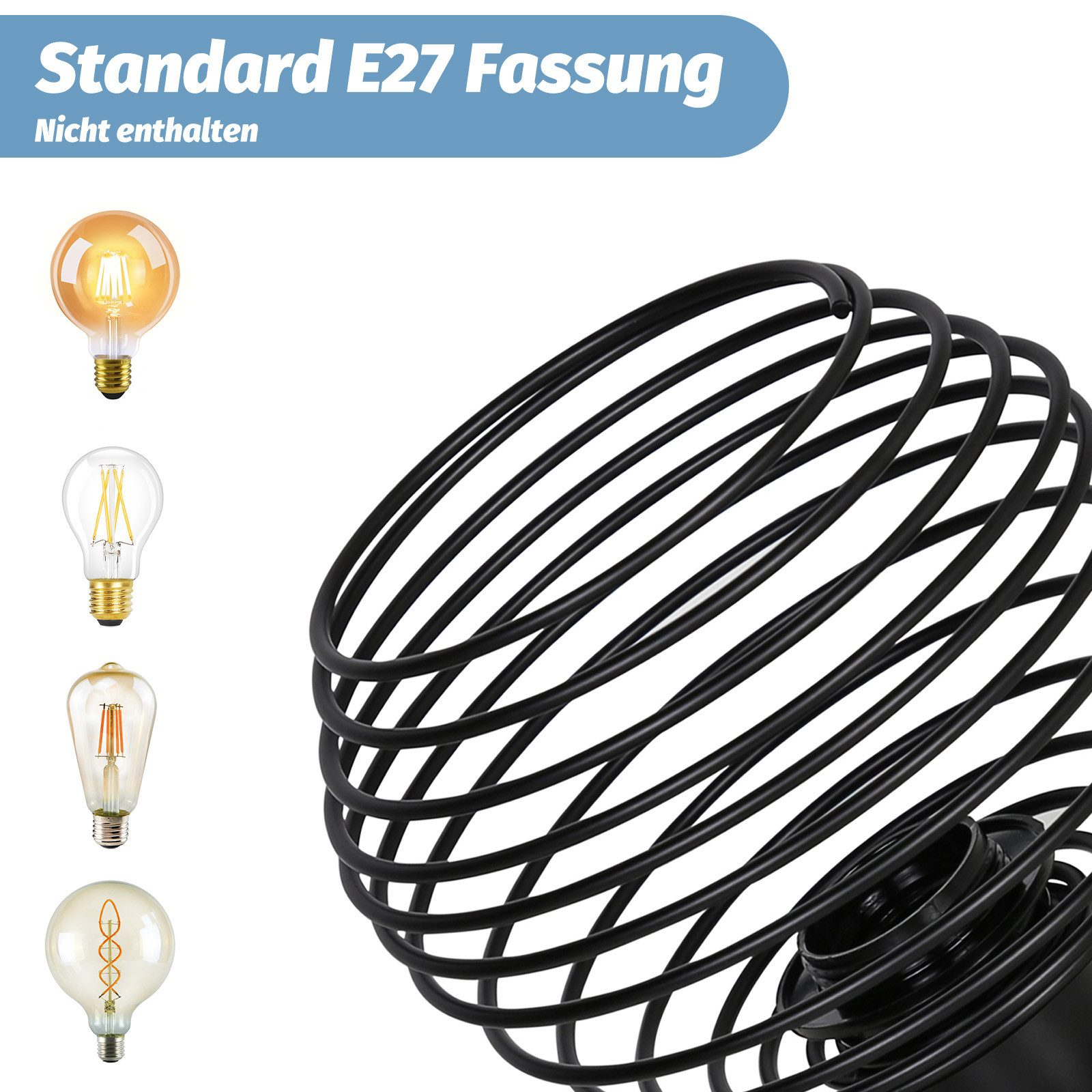 Czarny klosz w kształcie spirali, z czterema typami żarówek po lewej stronie. Tekst: Standard E27 Fassung.