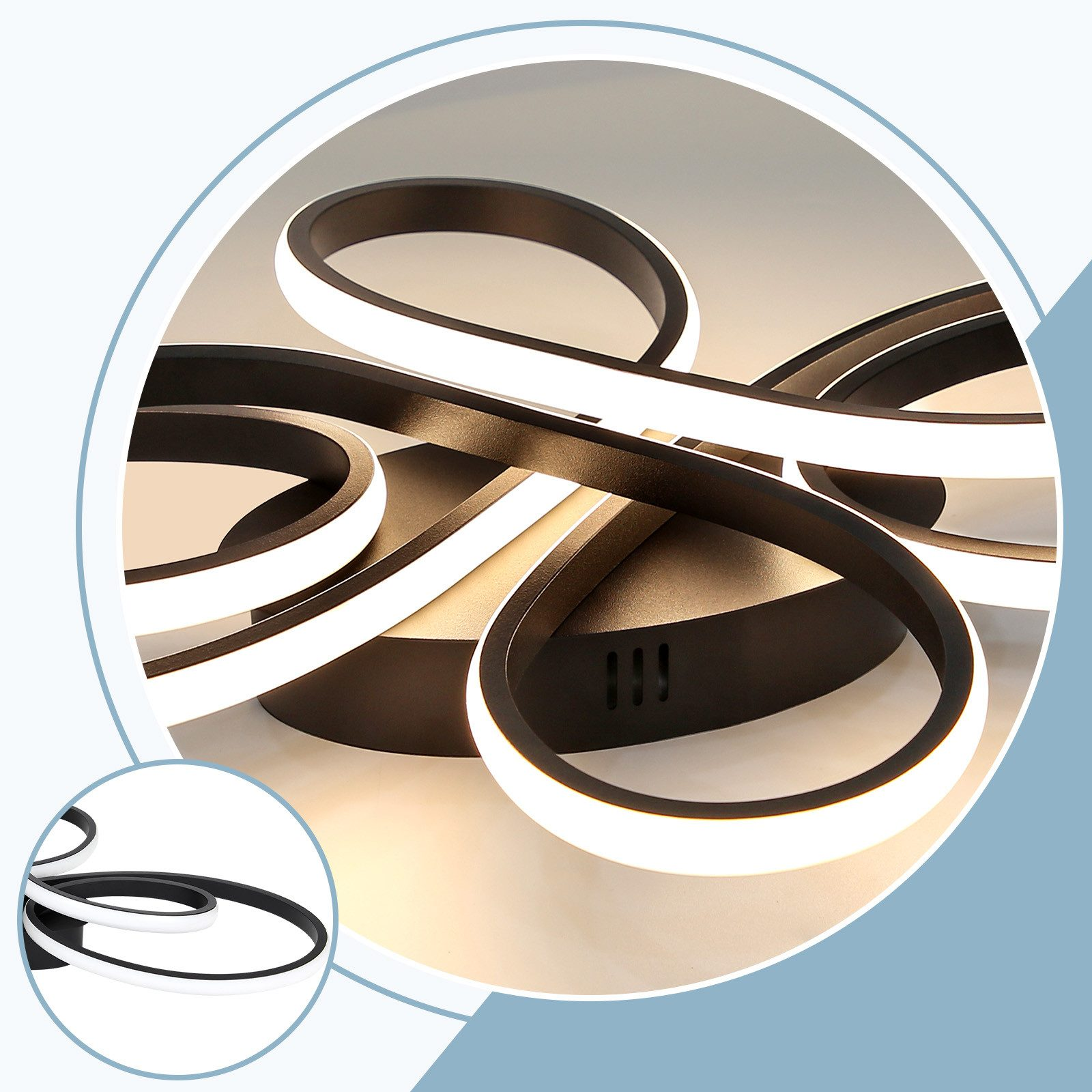 Lampada da soffitto astratta con linee nere e bianche ad anello, che illumina con luce bianca.