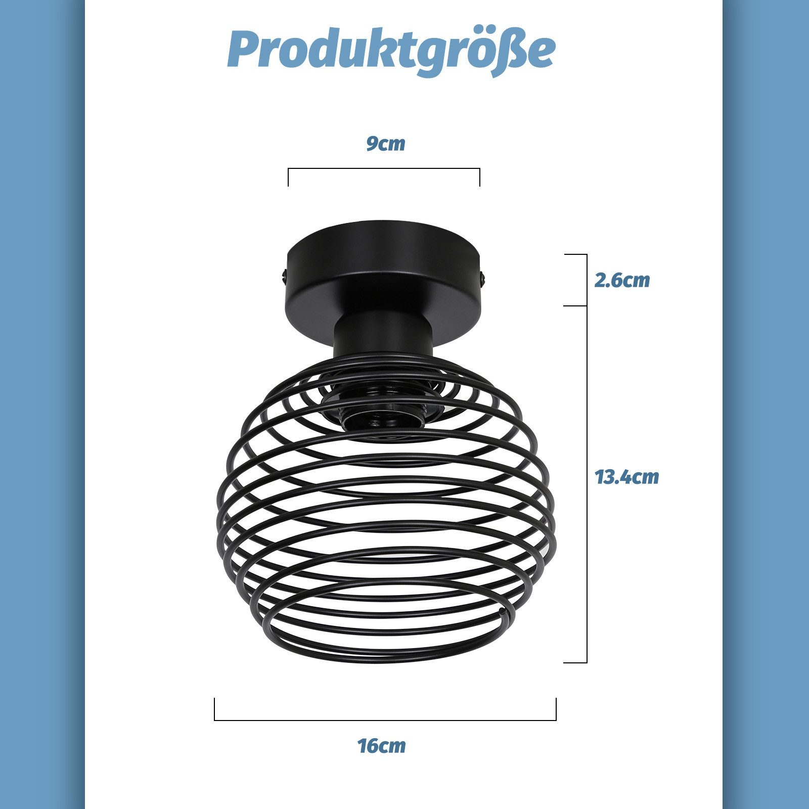 Czarna metalowa lampa sufitowa z wyświetlonymi wymiarami. Lampa ma spiralny wzór.