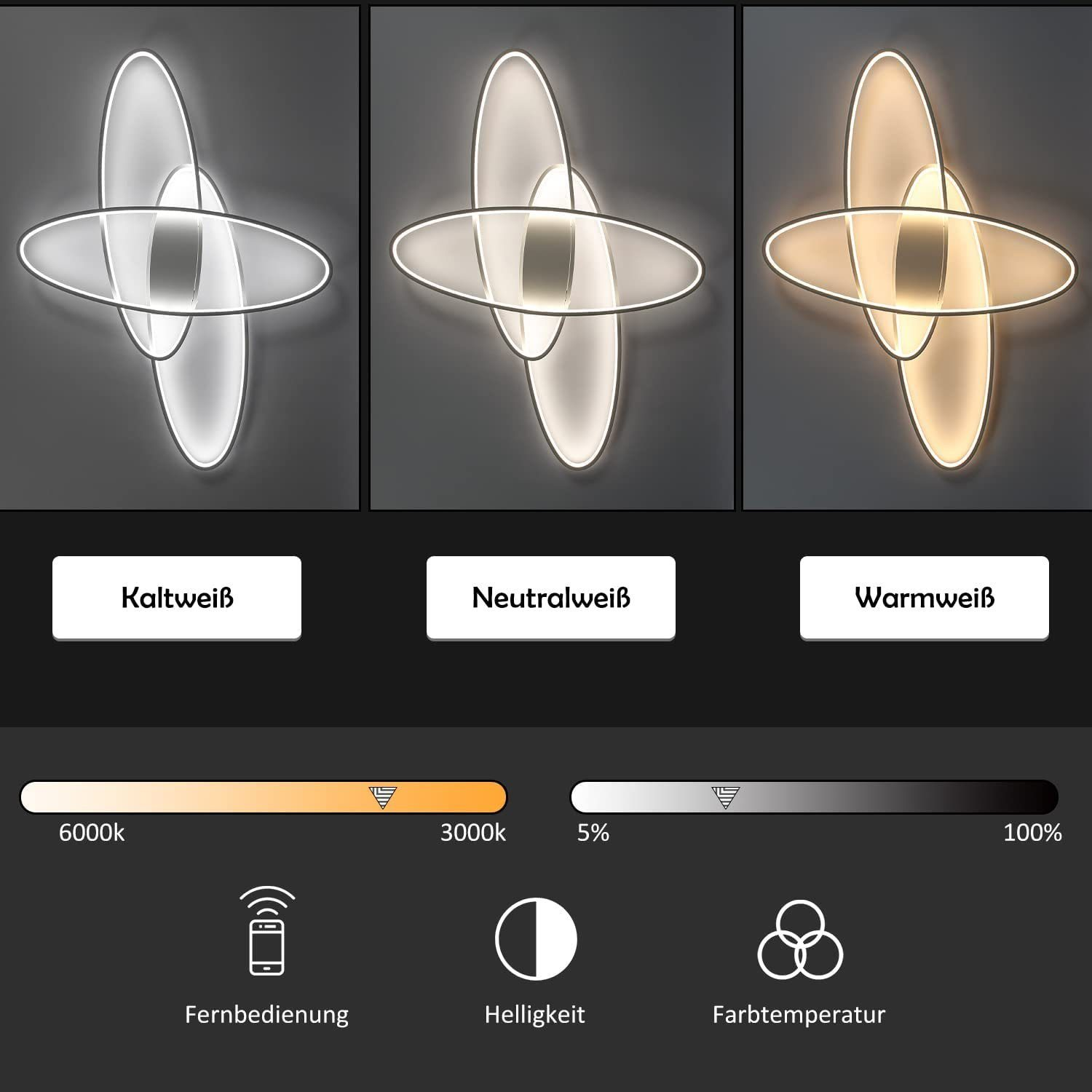 Tre lampade ovali con temperature colore e luminosità regolabili, controllate da telecomando.